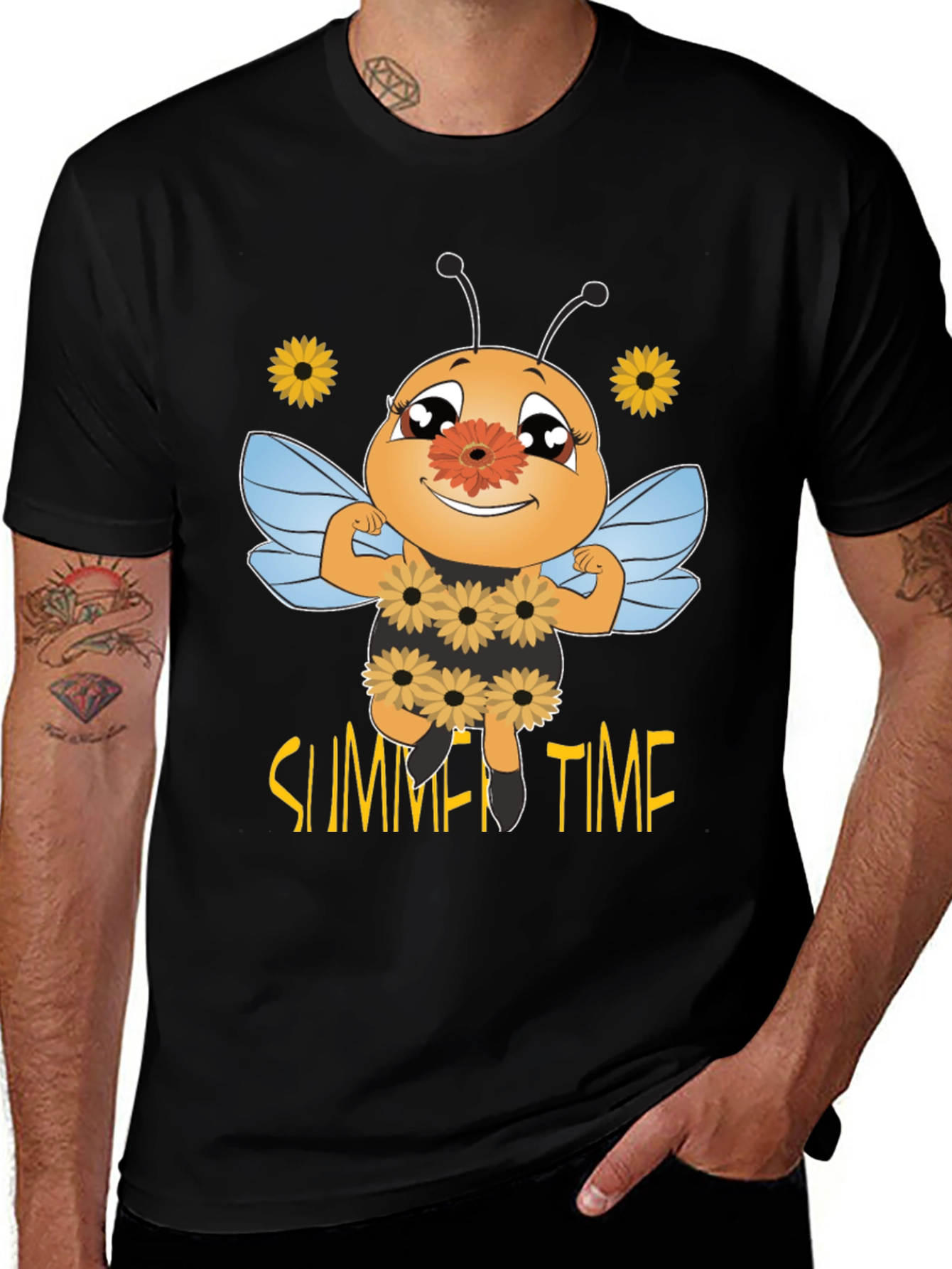 Variant 6 of Summer Time Bee Graphic Tee - Men's Black T-Shirt