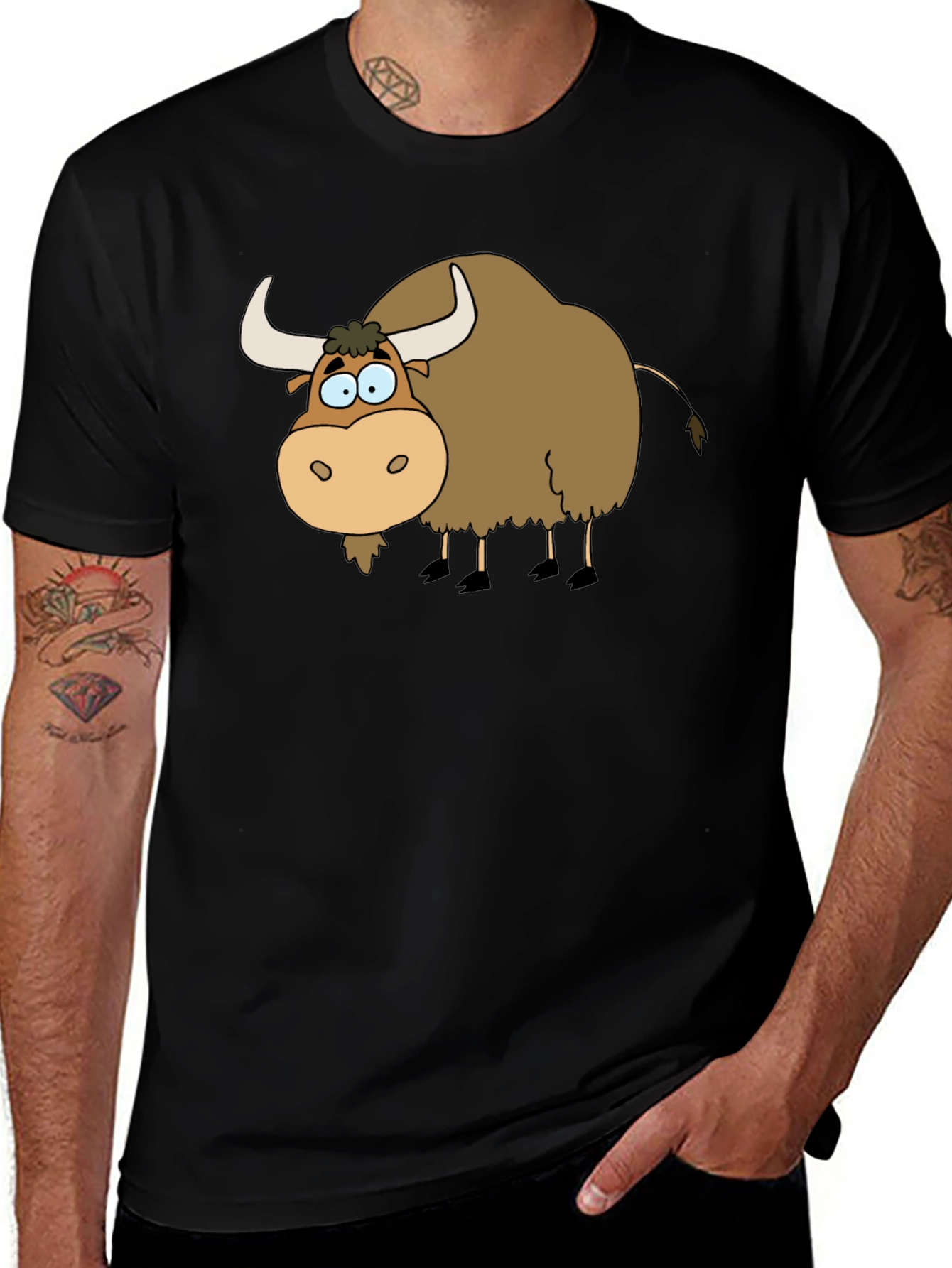 Variant 19 of Cartoon Yak Graphic Tee - Black Cotton T-Shirt
