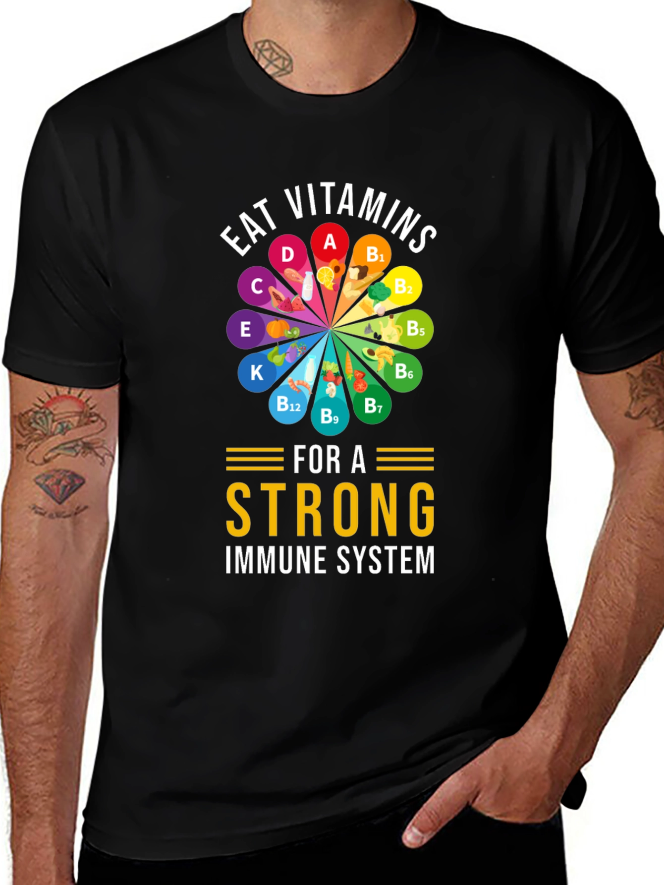 Variant 21 of Eat Your Vitamins Black T-Shirt: Strong Immune System Tee