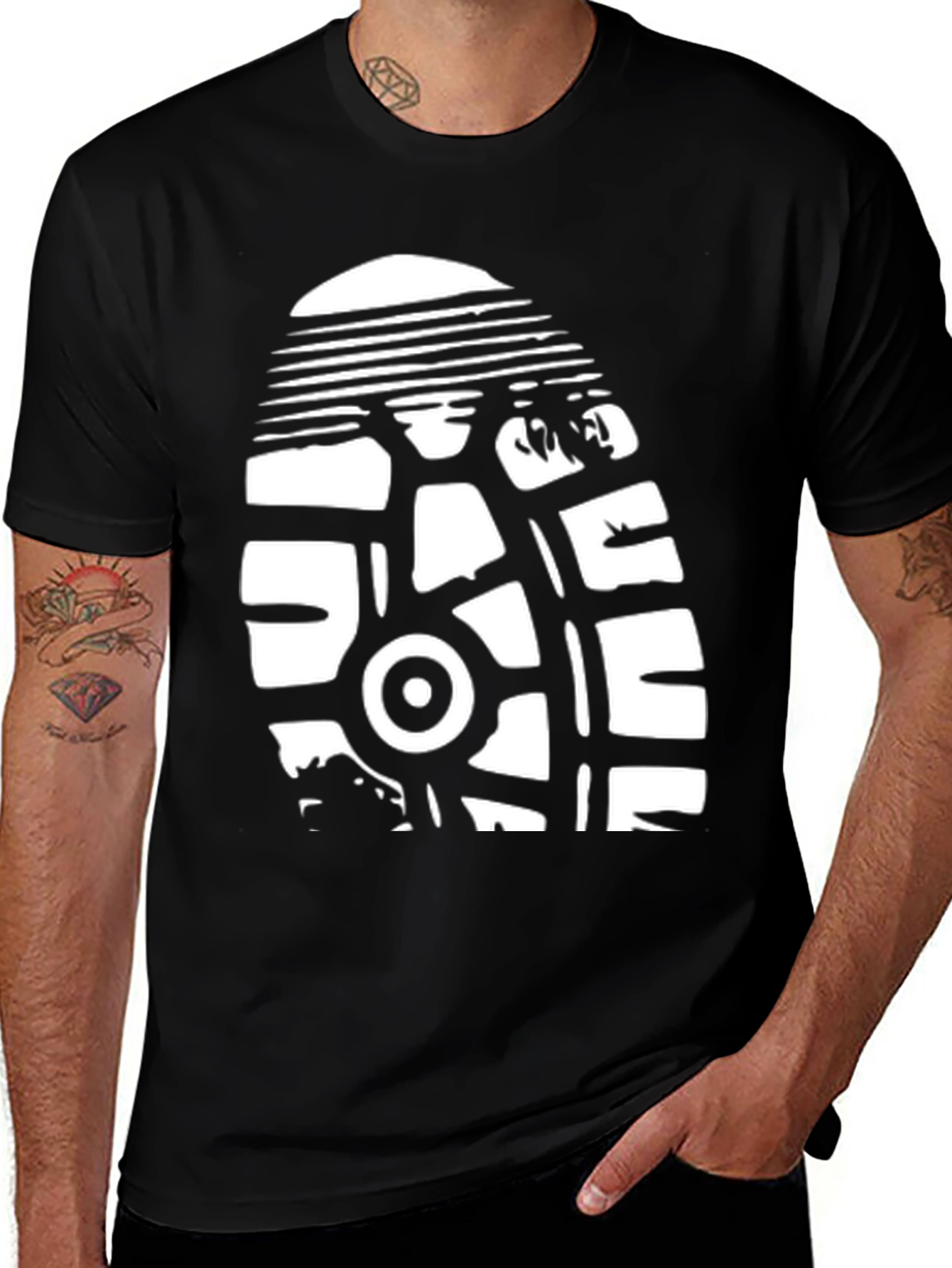 Variant 12 of Black T-Shirt with White Shoe Tread Graphic Print
