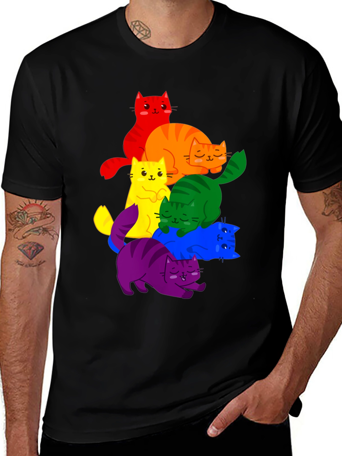 Variant 28 of Rainbow Cat Stack Graphic Tee - Black