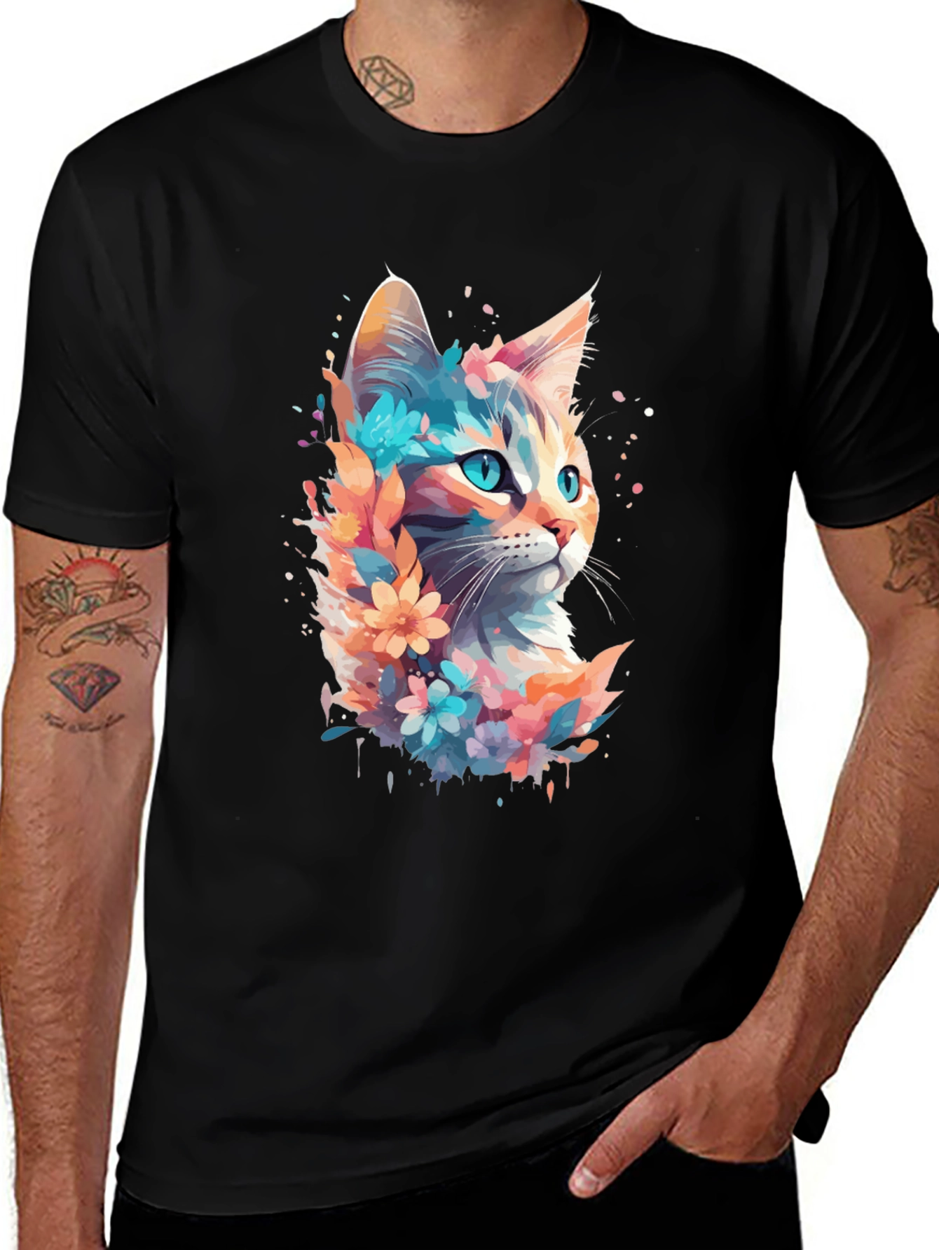Variant 27 of Floral Cat Watercolor Graphic Tee - Unisex Black T-Shirt