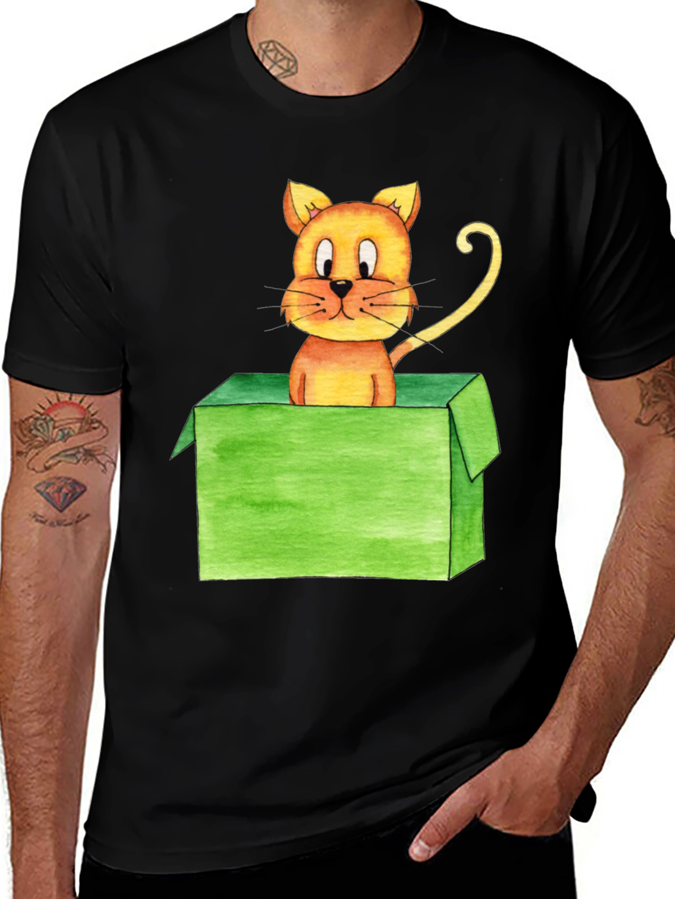 Variant 6 of Cartoon Cat in Box Black T-Shirt