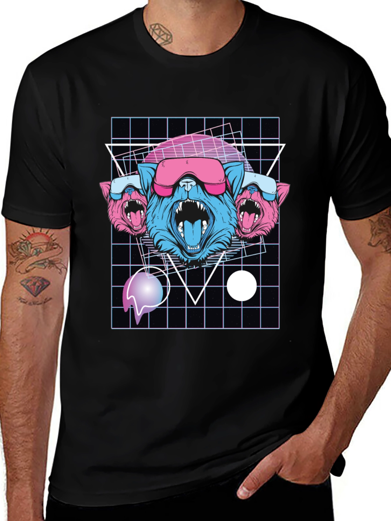 Variant 27 of Retro Cyberpunk Three-Headed Wolf Graphic Tee