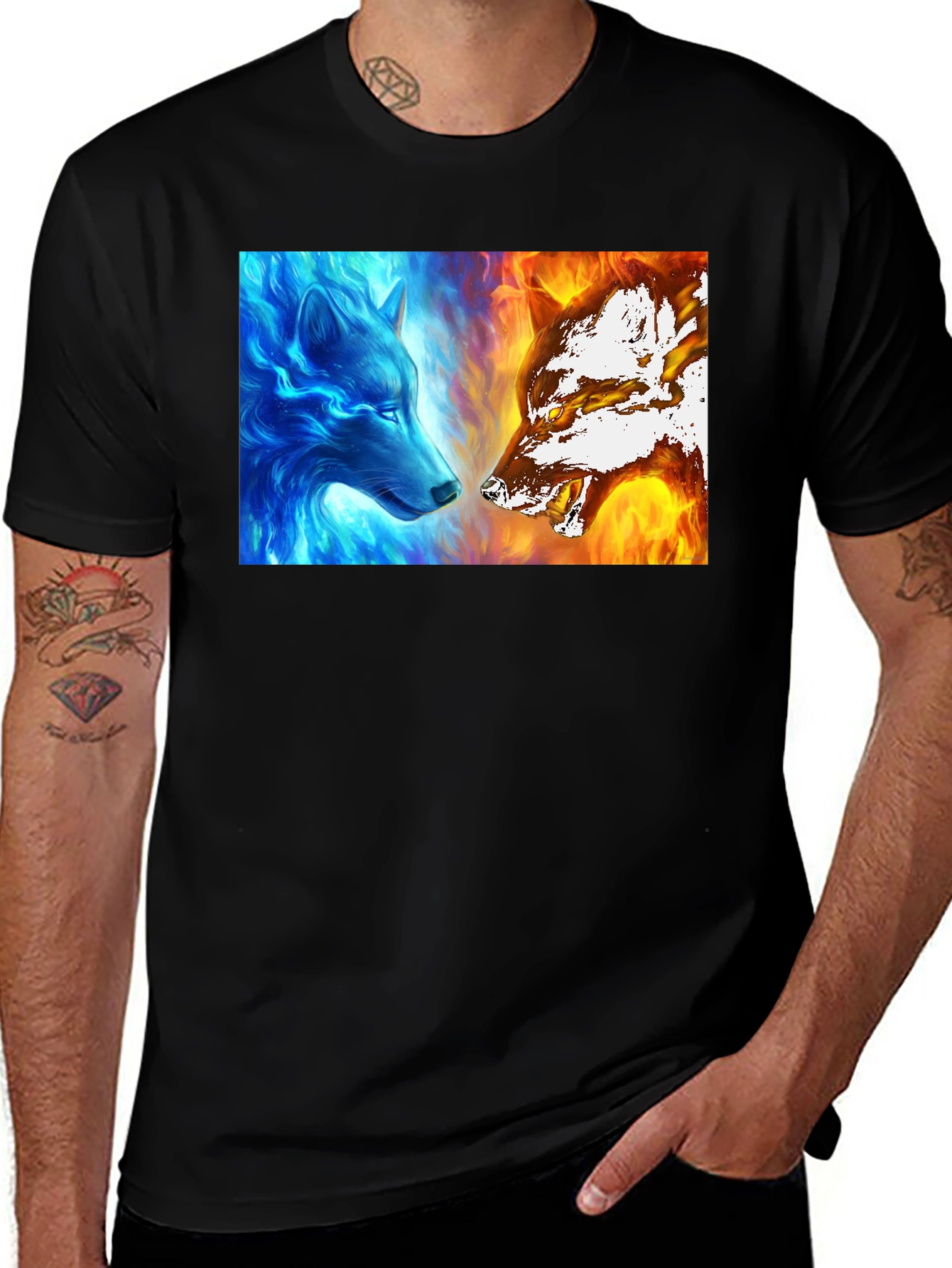 Fire and Ice Wolves Graphic T-Shirt - Cool Design
