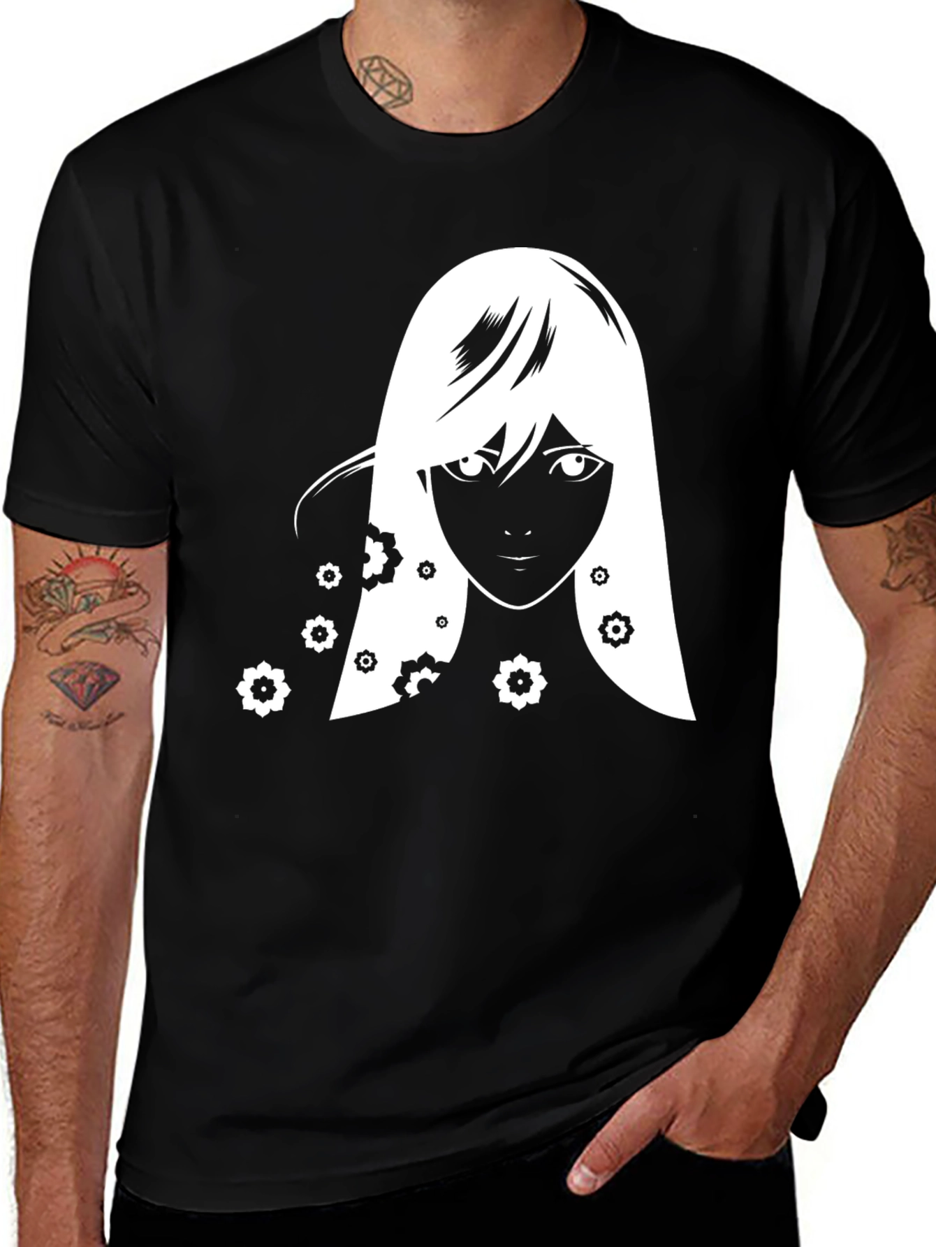 Variant 2 of Anime Girl Floral T-Shirt - Black Graphic Tee
