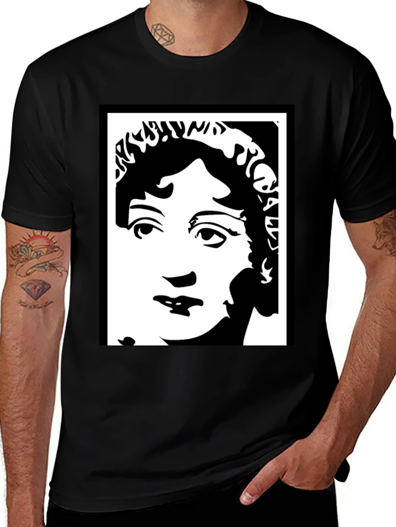 Variant 5 of Black T-Shirt with White Portrait Graphic