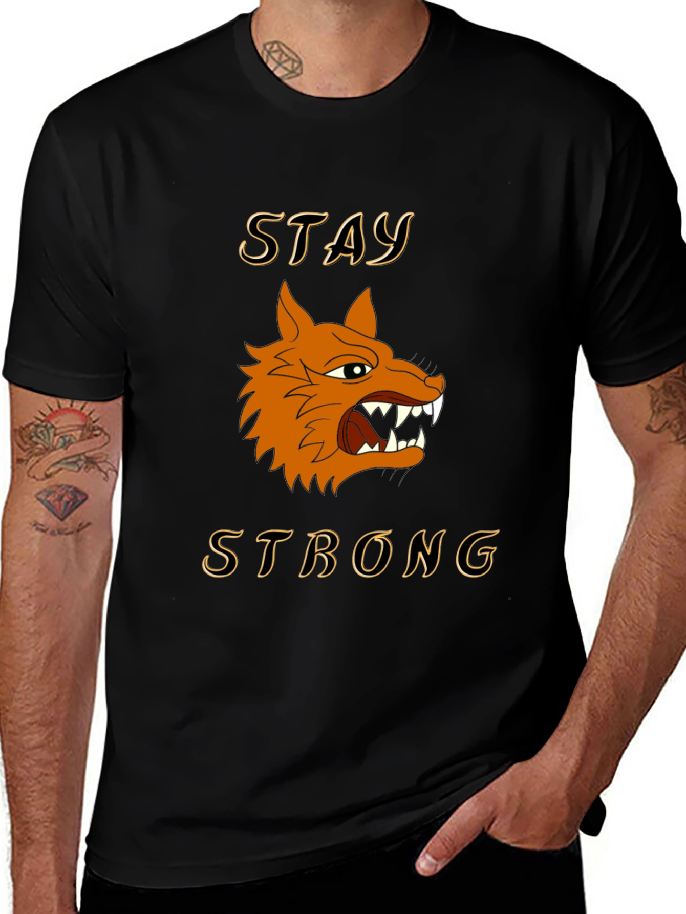 Stay Strong Wolf Graphic Tee - Black