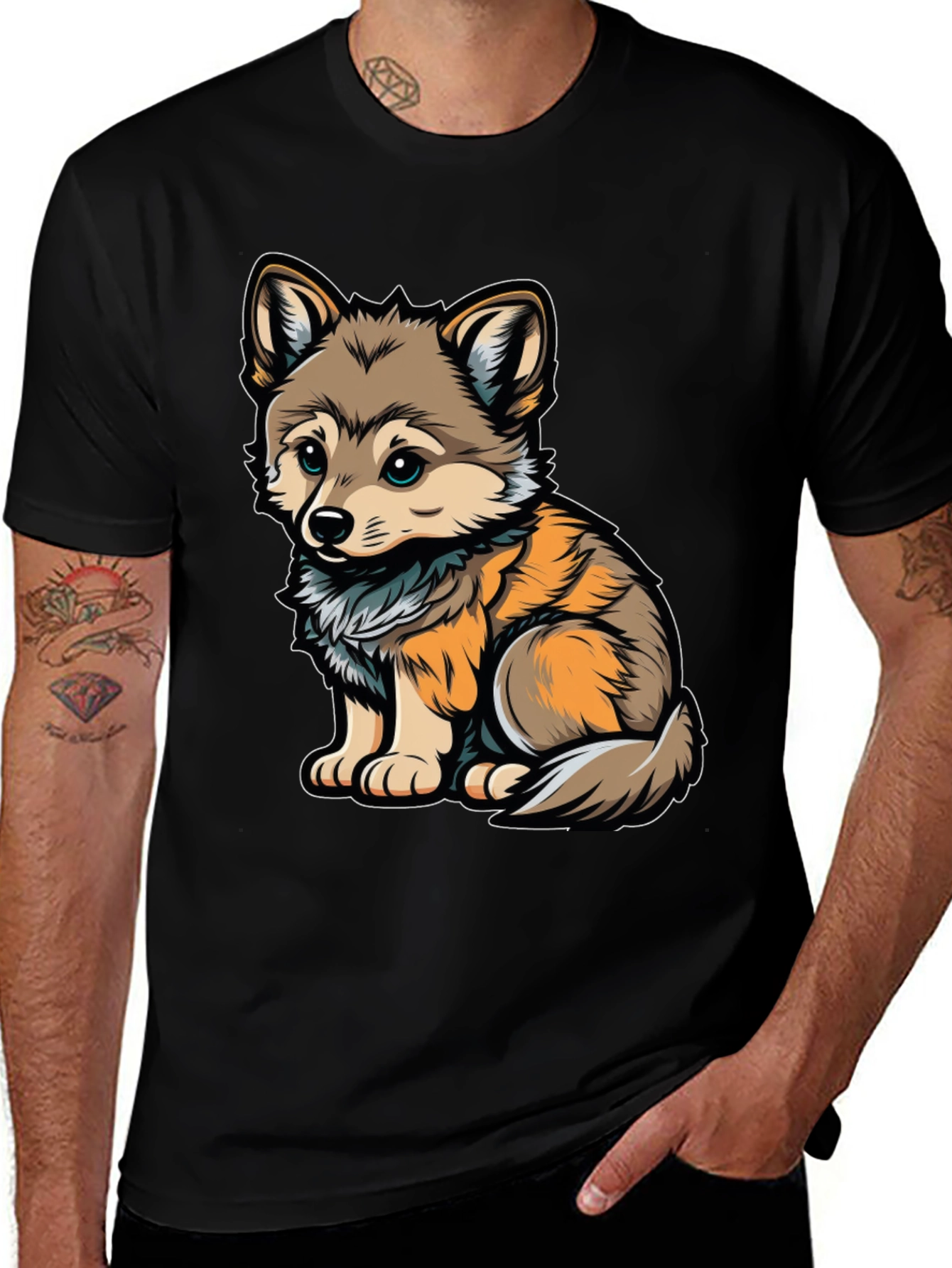 Variant 22 of Cute Wolf Pup Graphic Tee - Black