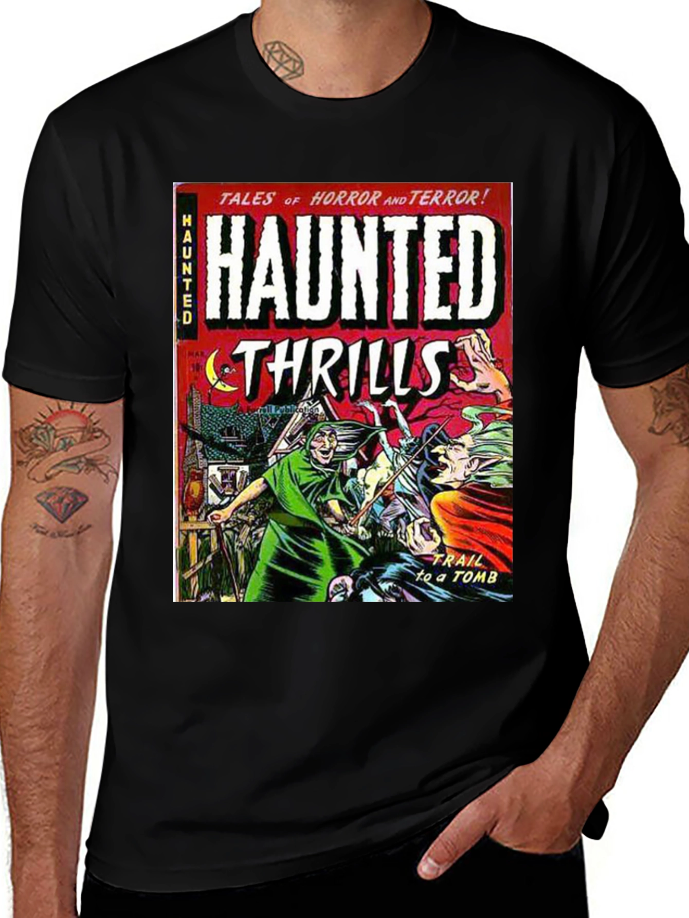 Haunted Thrills Comic Book T-Shirt - Vintage Horror Tee