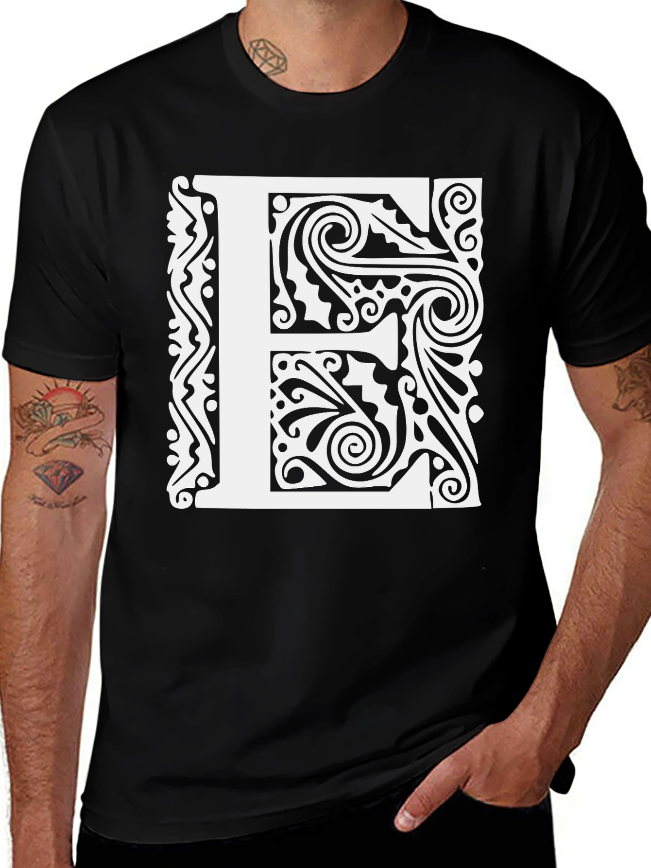Variant 19 of Ornate Initial E T-Shirt - Black