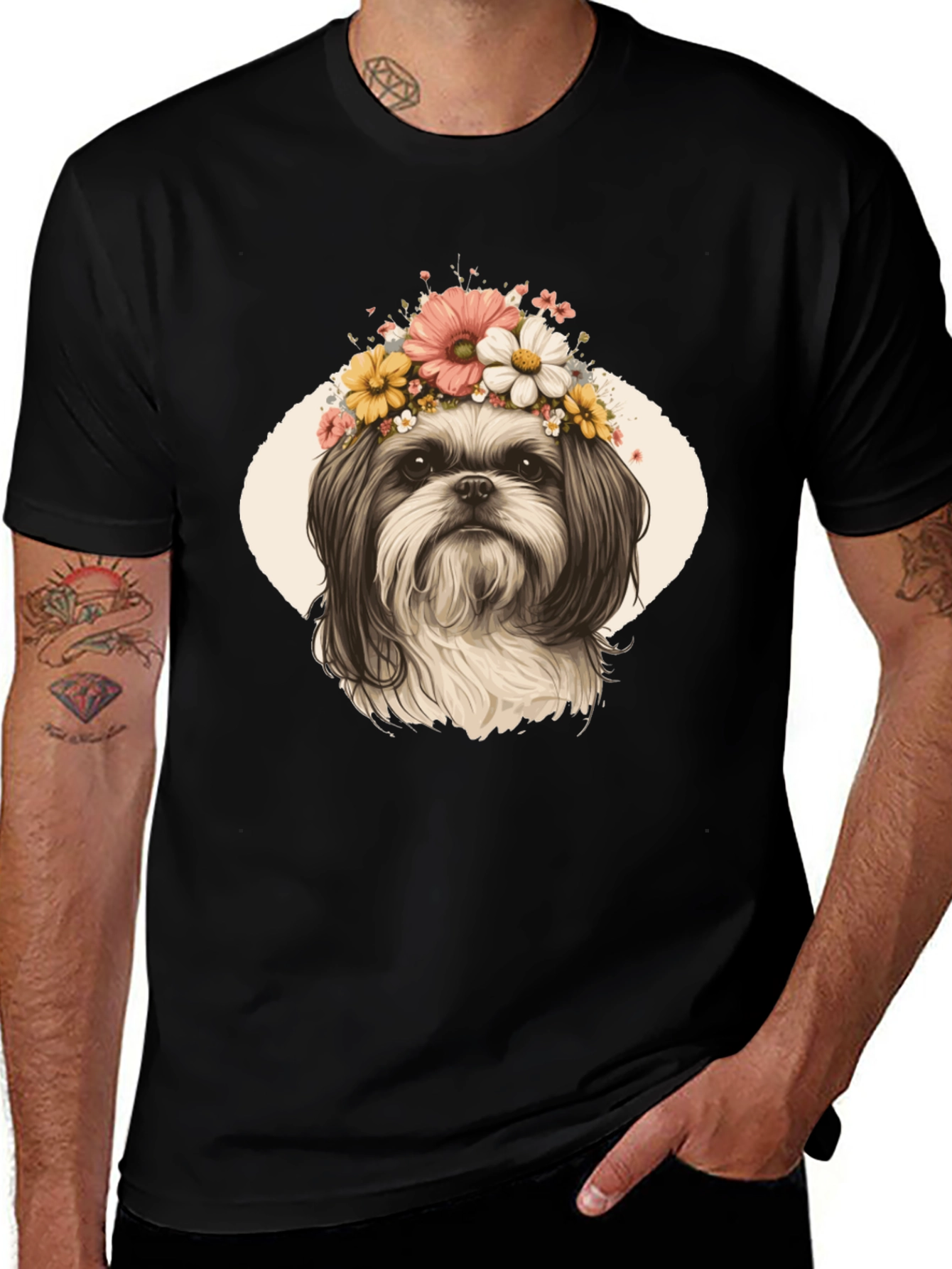 Black Dog with Flower Crown Graphic T-Shirt main image