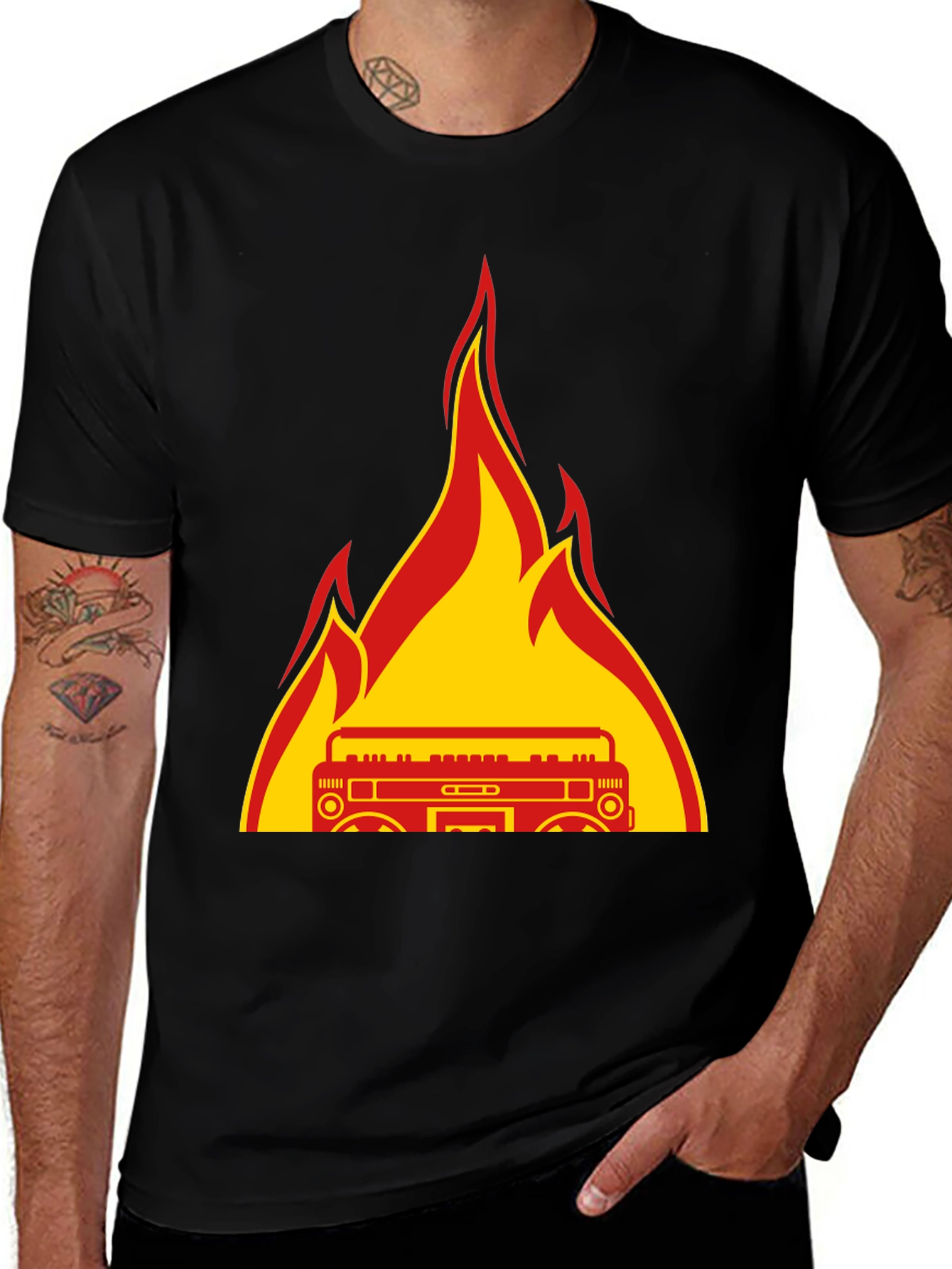 Variant 9 of Flaming Boombox Graphic Tee - Retro Style