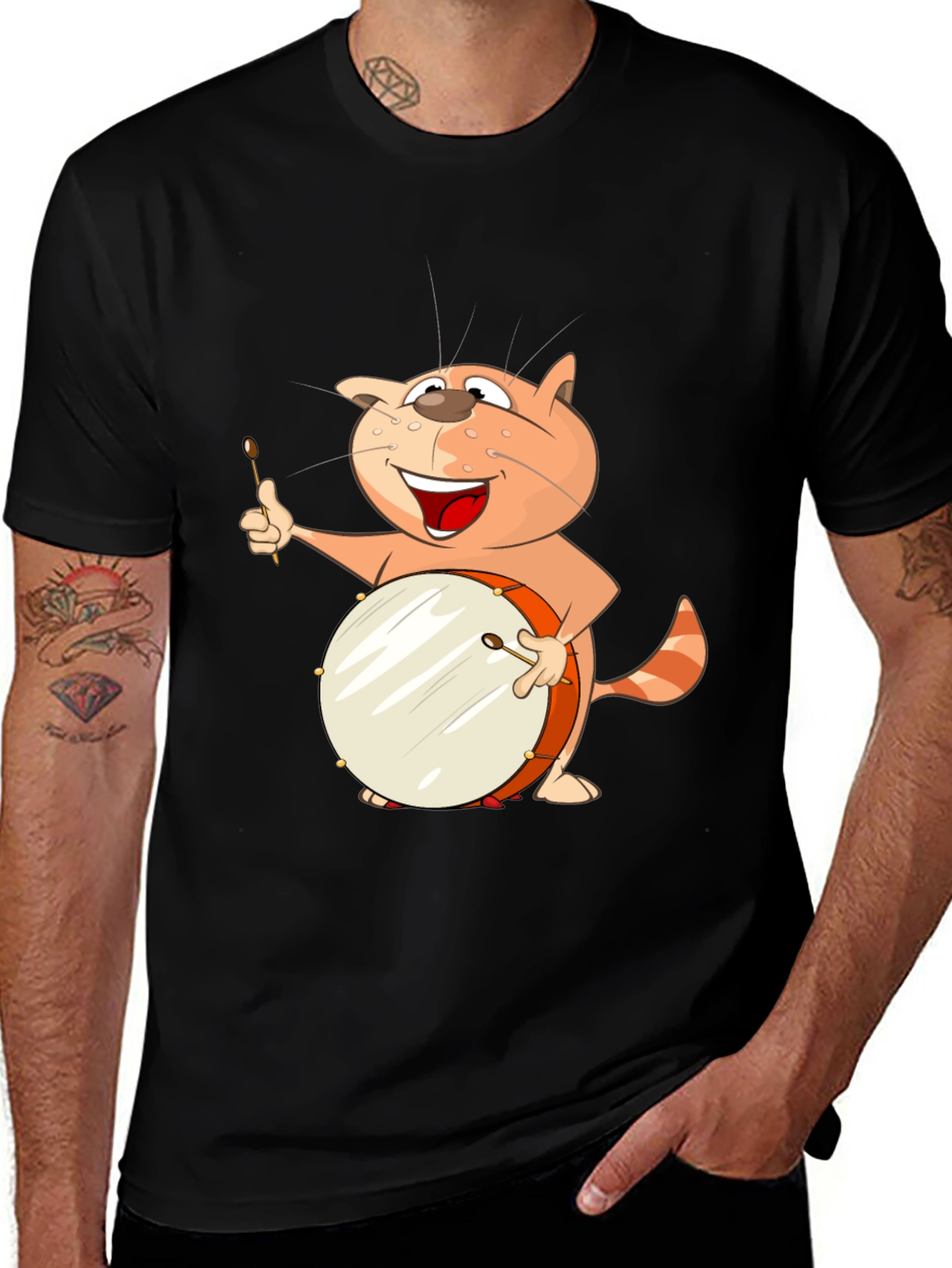 Black Funny Cat Drummer T-Shirt main image