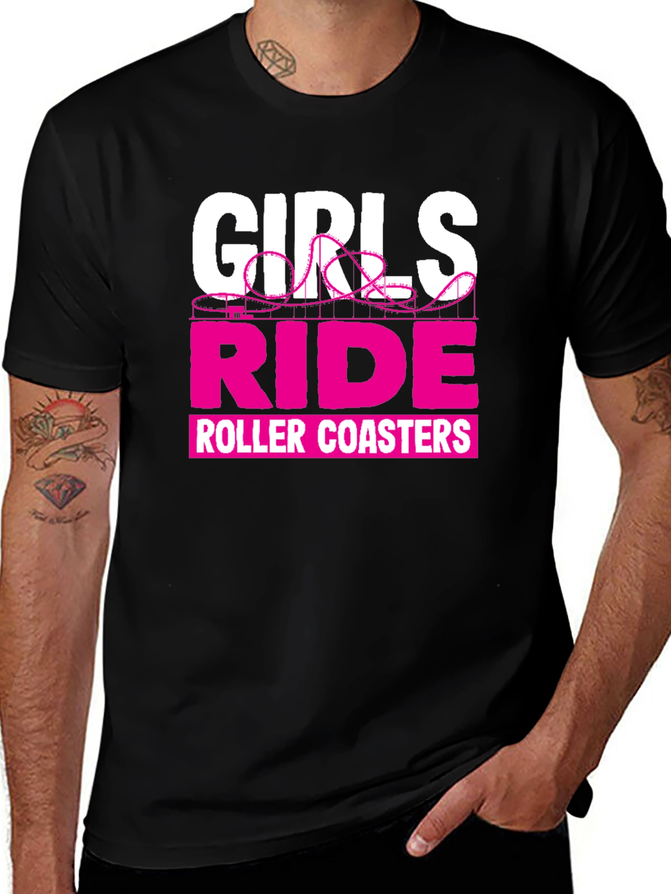 Variant 5 of Girls Ride Roller Coasters Graphic Tee - Pink on Black