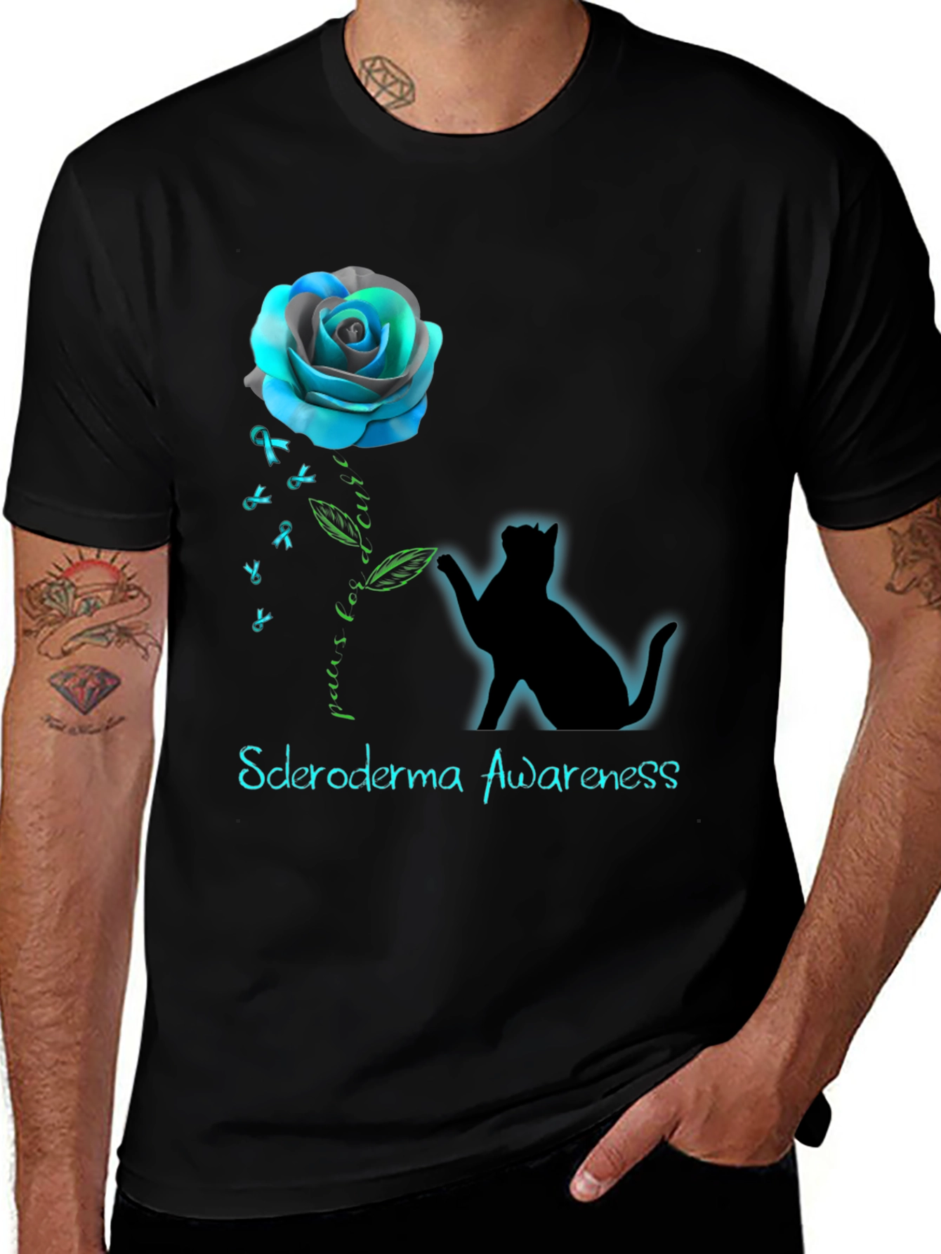 Scleroderma Awareness Cat & Rose Graphic T-Shirt