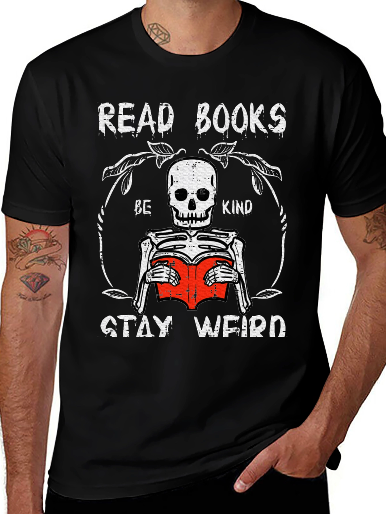 Variant 9 of Read Books, Be Kind, Stay Weird Skeleton T-Shirt