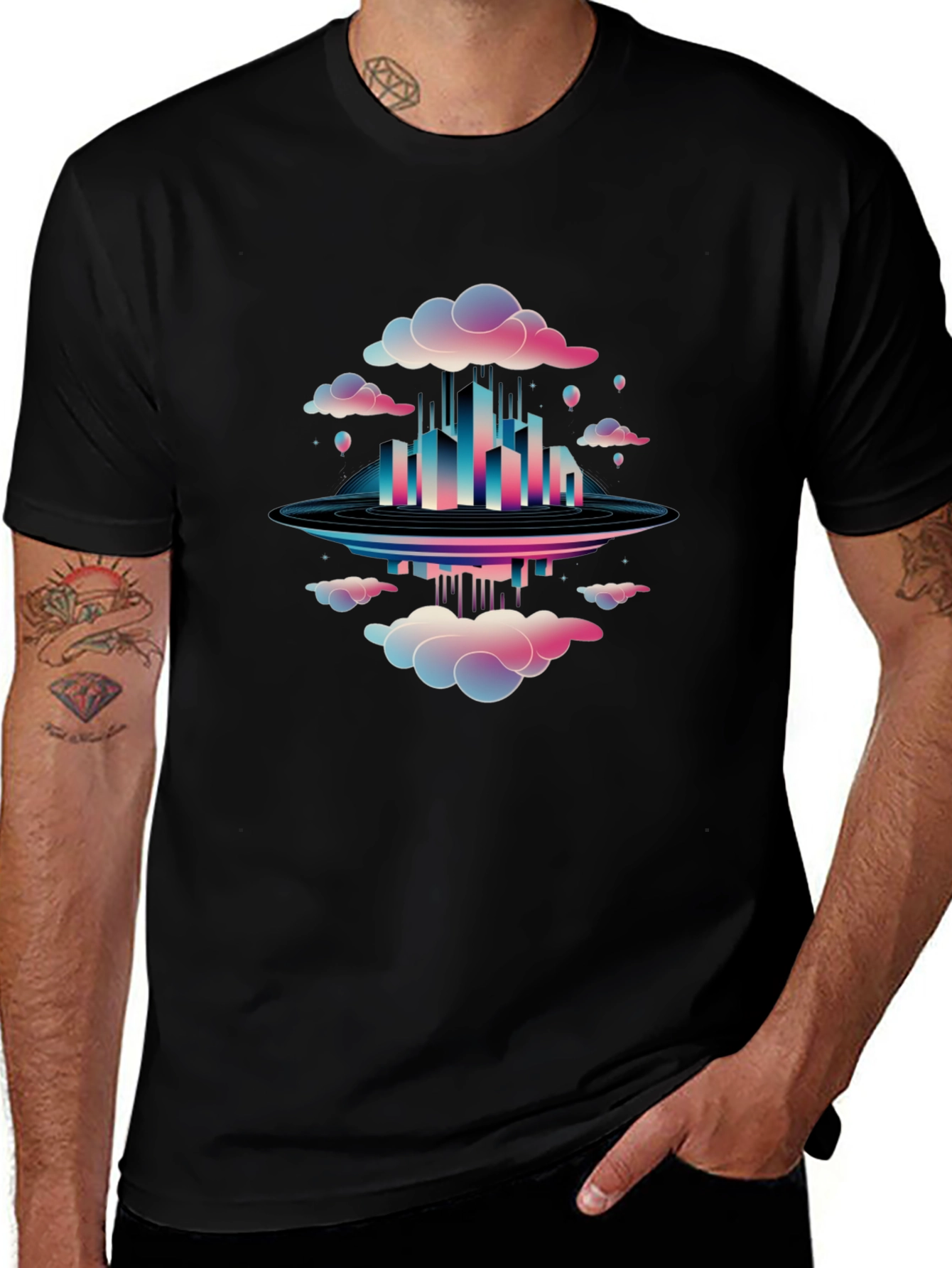 Abstract Cityscape Graphic Tee - Black Cotton