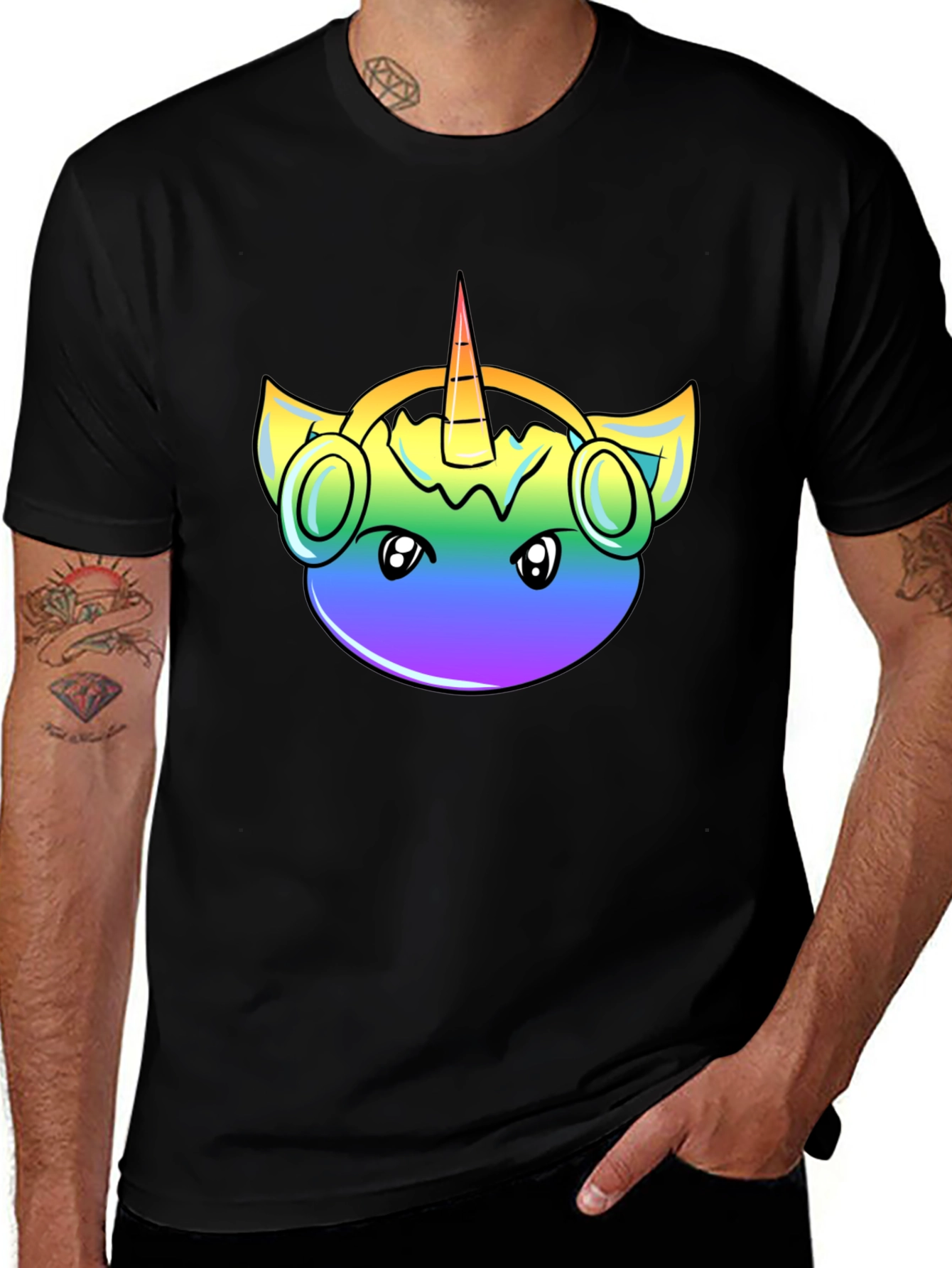 Variant 2 of Rainbow Unicorn DJ T-Shirt - Black Cotton Tee