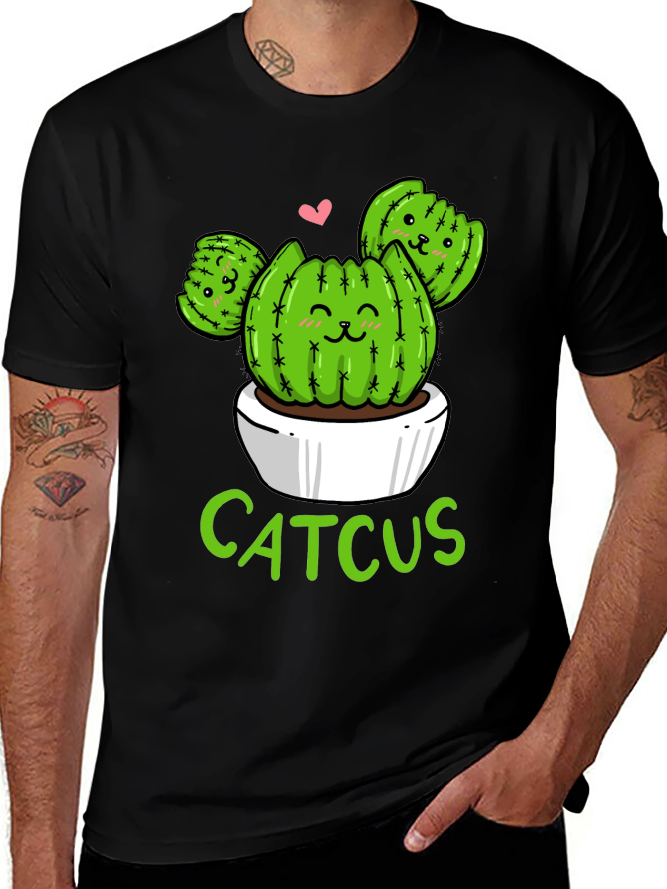 Variant 24 of Cute Catcus T-Shirt - Black Cotton Graphic Tee