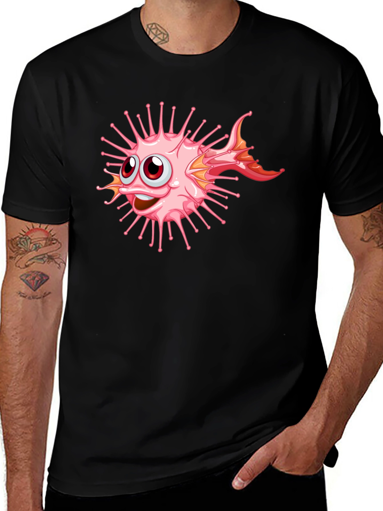 Variant 8 of Cartoon Pufferfish Graphic Black T-Shirt