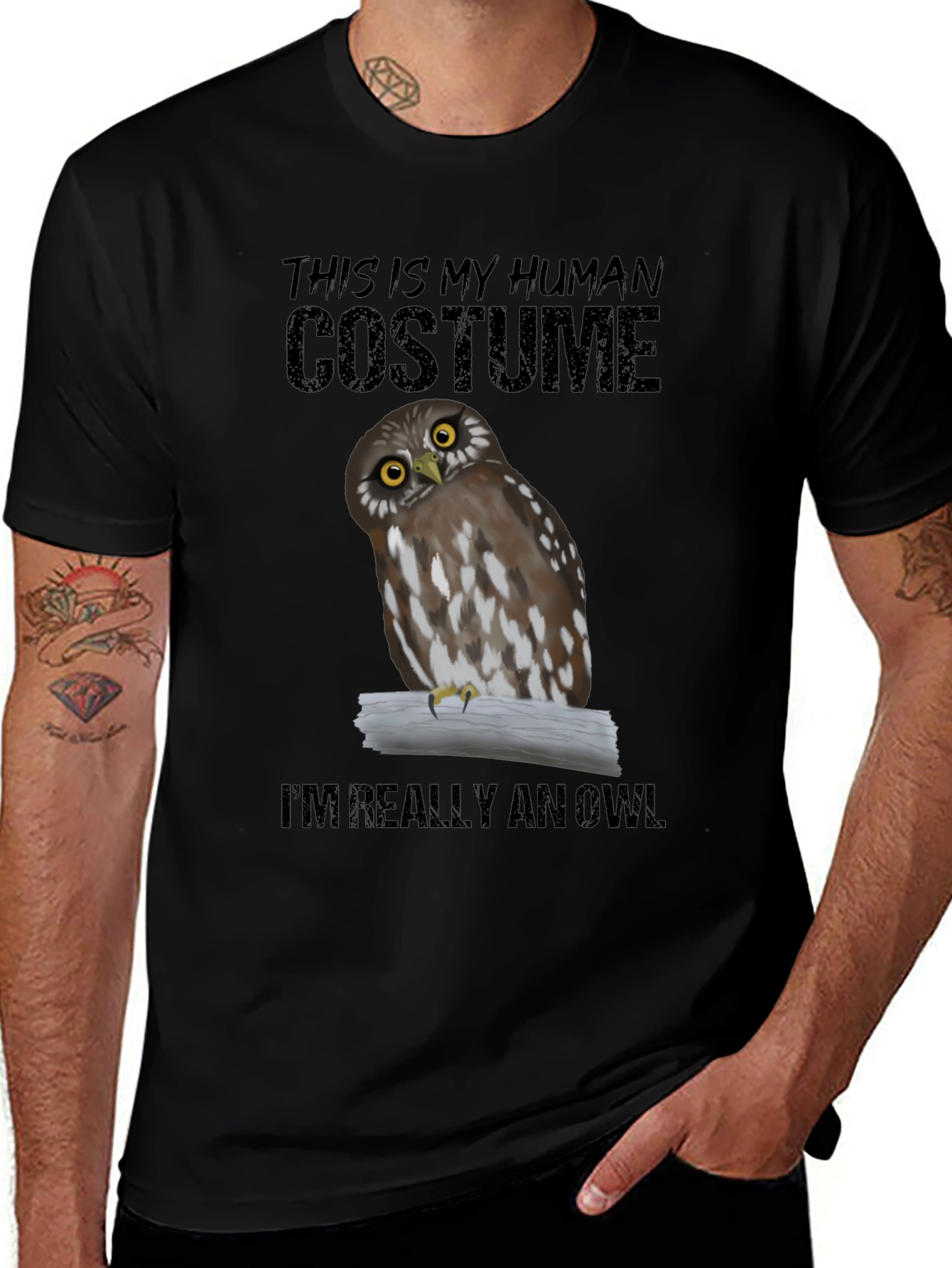 Variant 13 of Human Costume Owl T-Shirt - Funny Halloween Tee