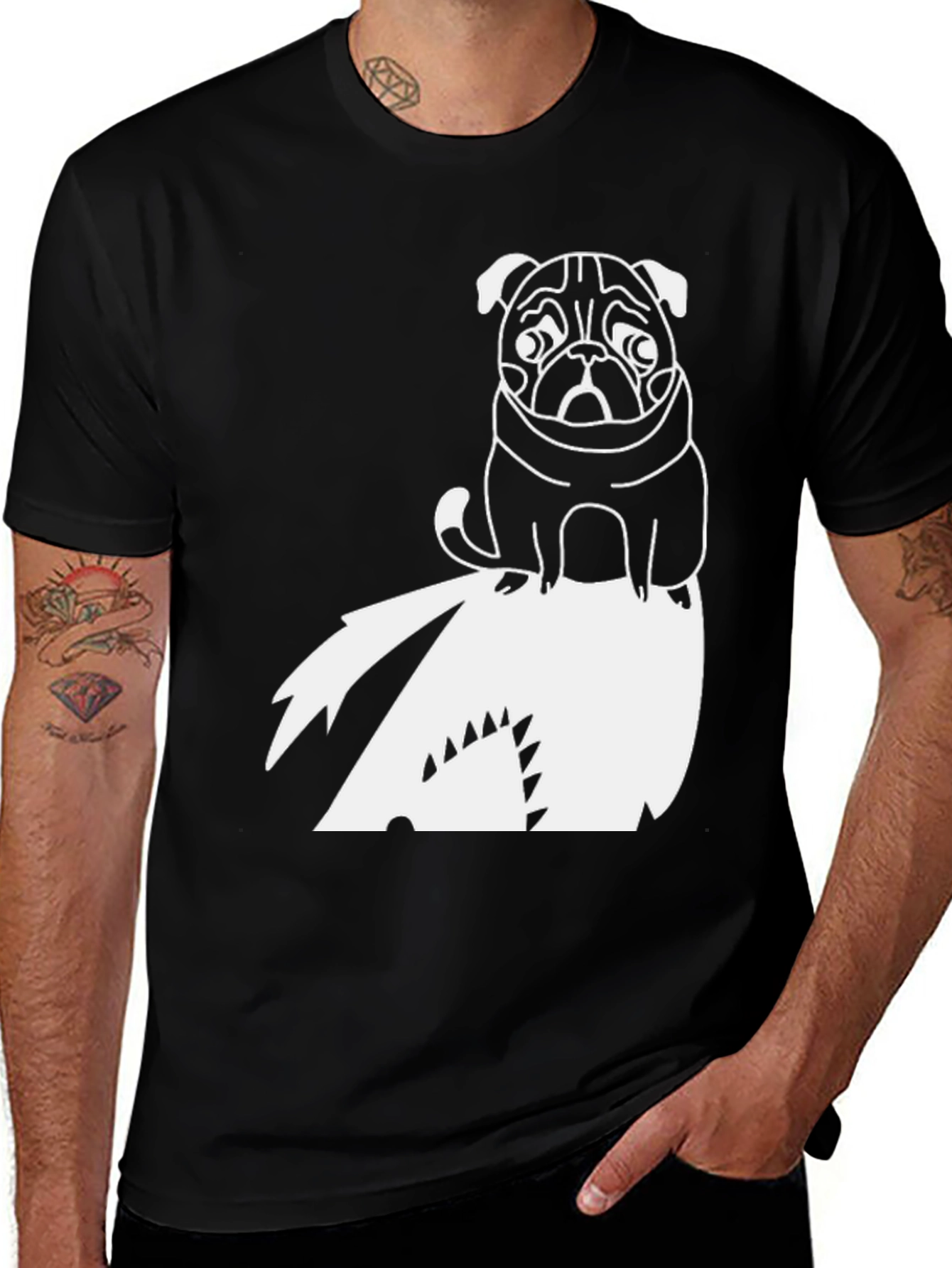 Variant 10 of Pug Riding Shark Black T-Shirt