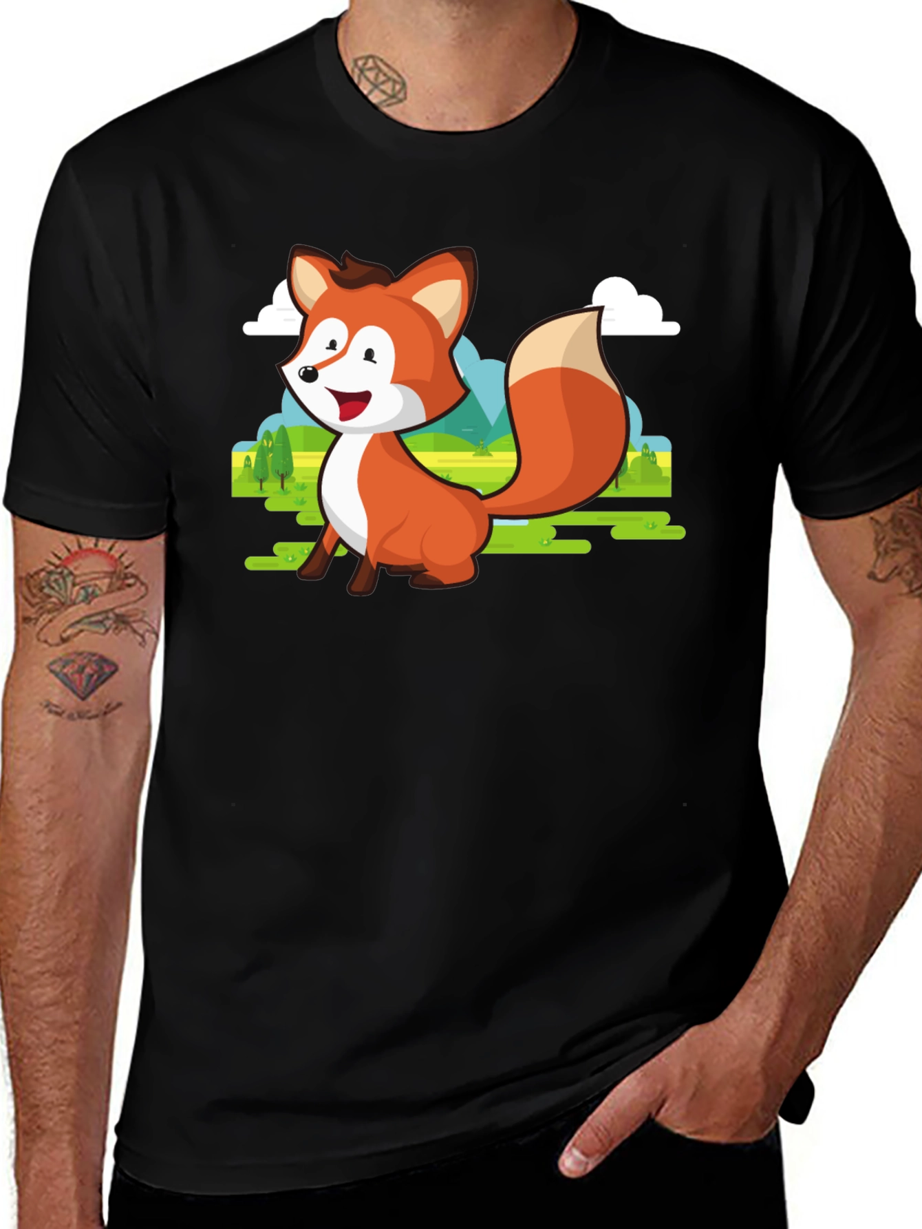 Black Cute Fox Cartoon T-Shirt - Men's Black Tee main image