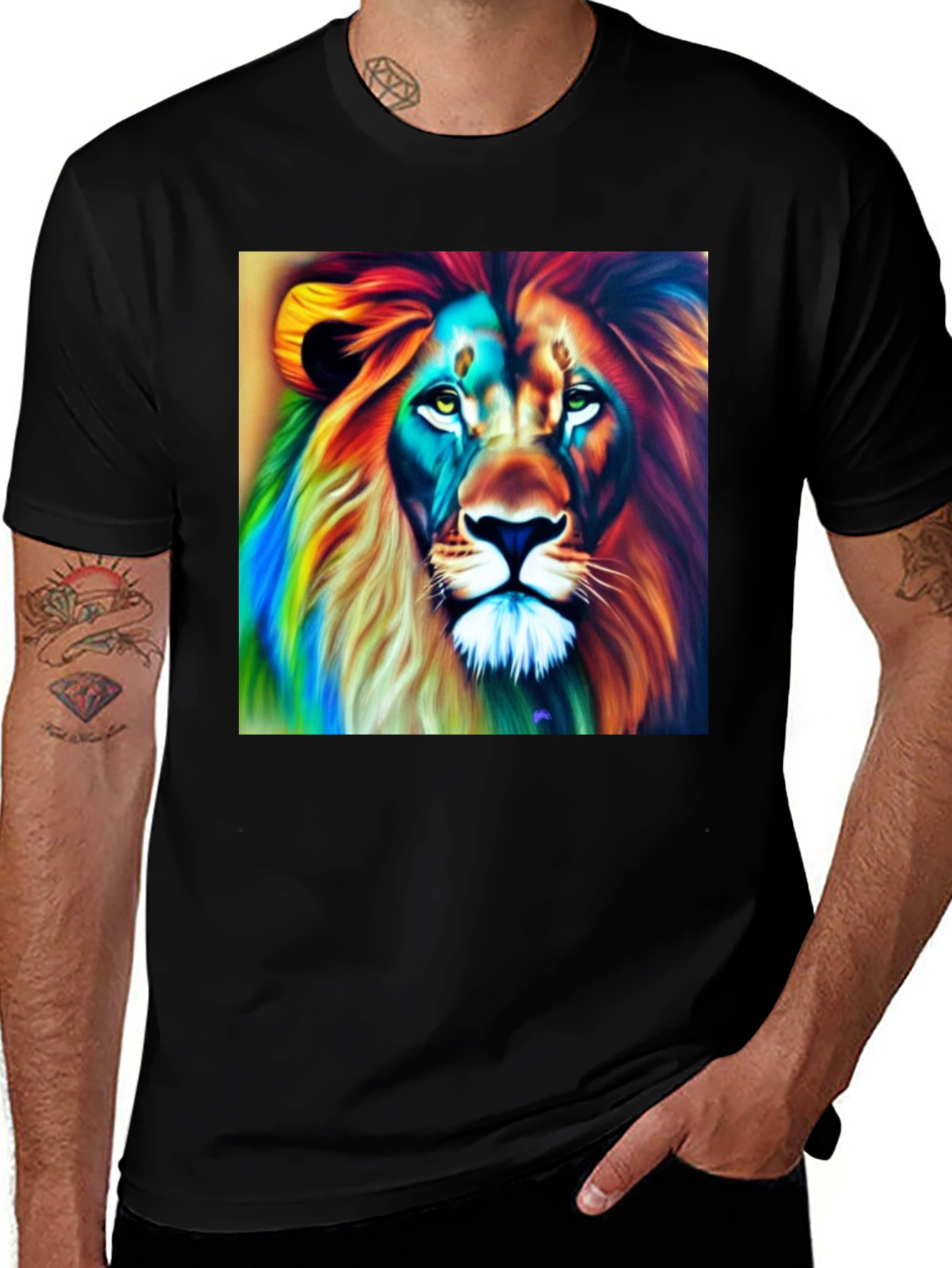 Colorful Lion Graphic Tee - Men's Black T-Shirt