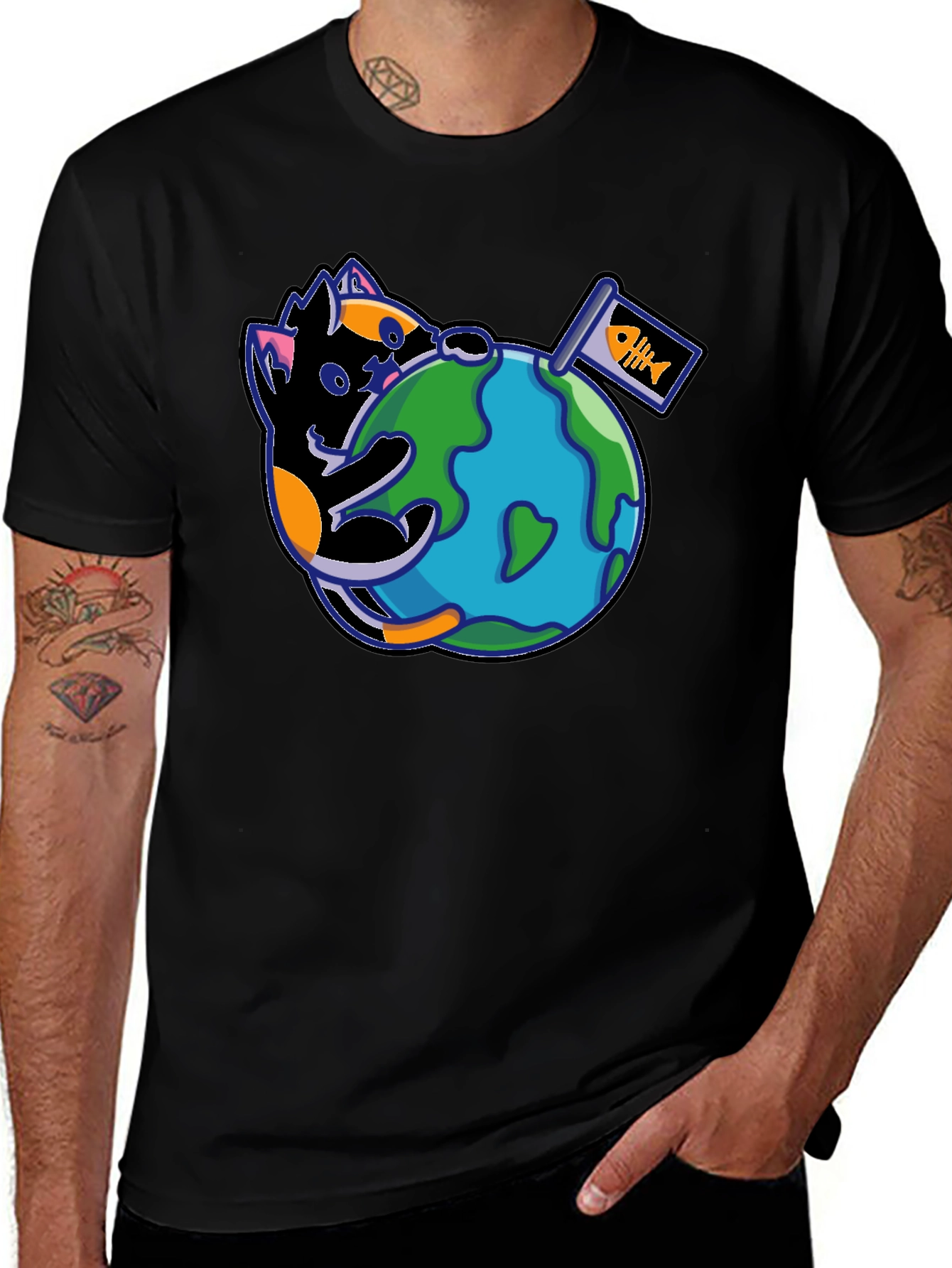 Variant 9 of Cat Around the World Graphic T-Shirt - Black