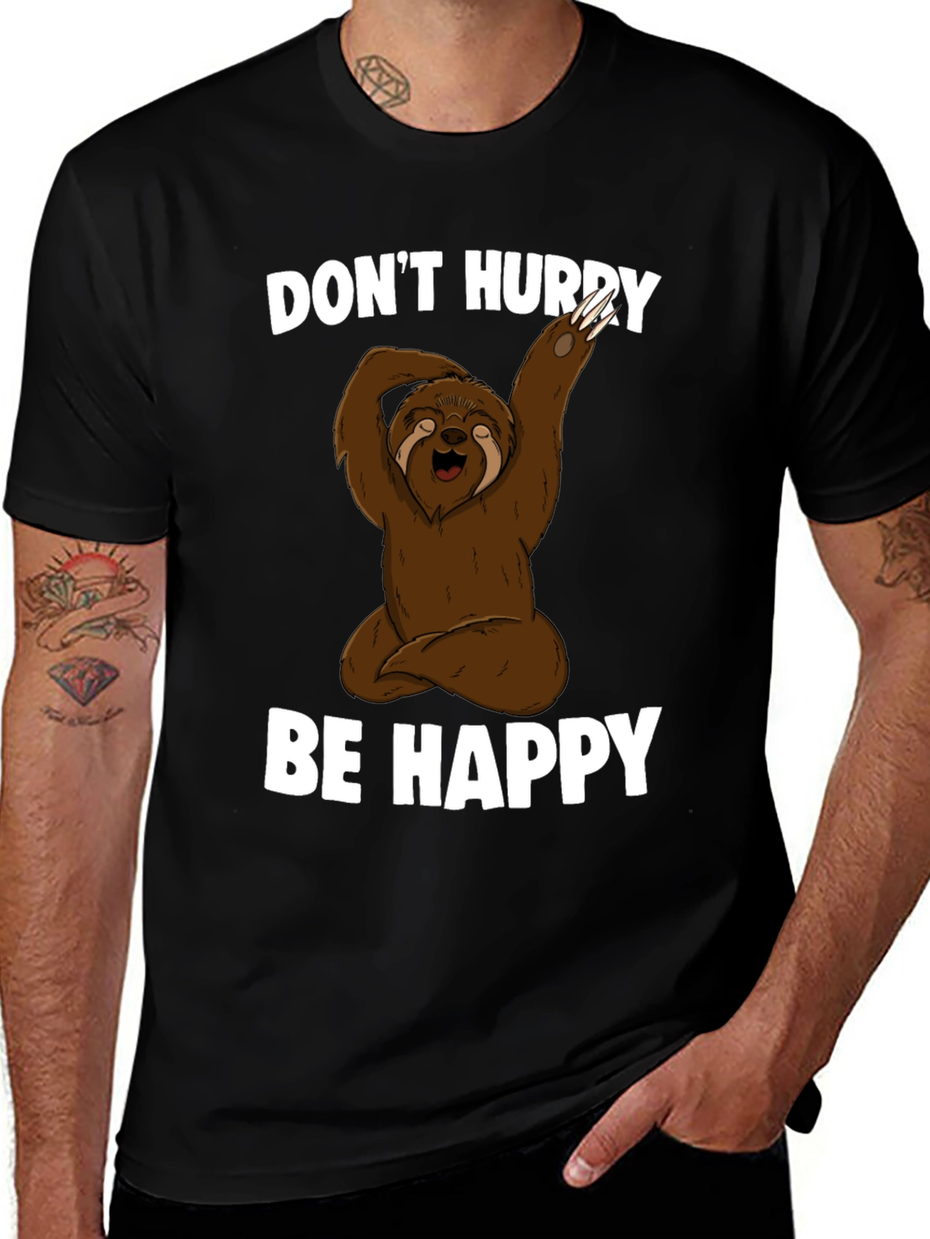 Black Sloth Yoga T-Shirt - Don't Hurry Be Happy main image