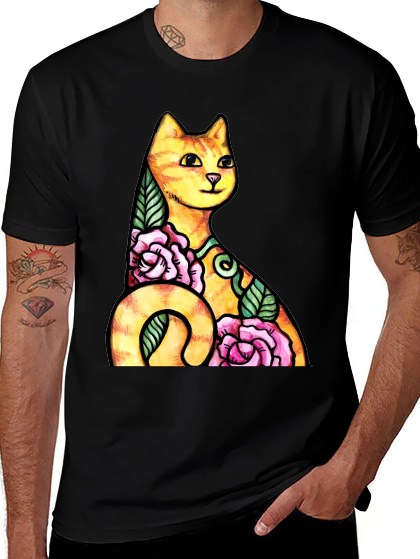 Variant 27 of Cat & Roses Graphic Tee - Men's Black T-Shirt