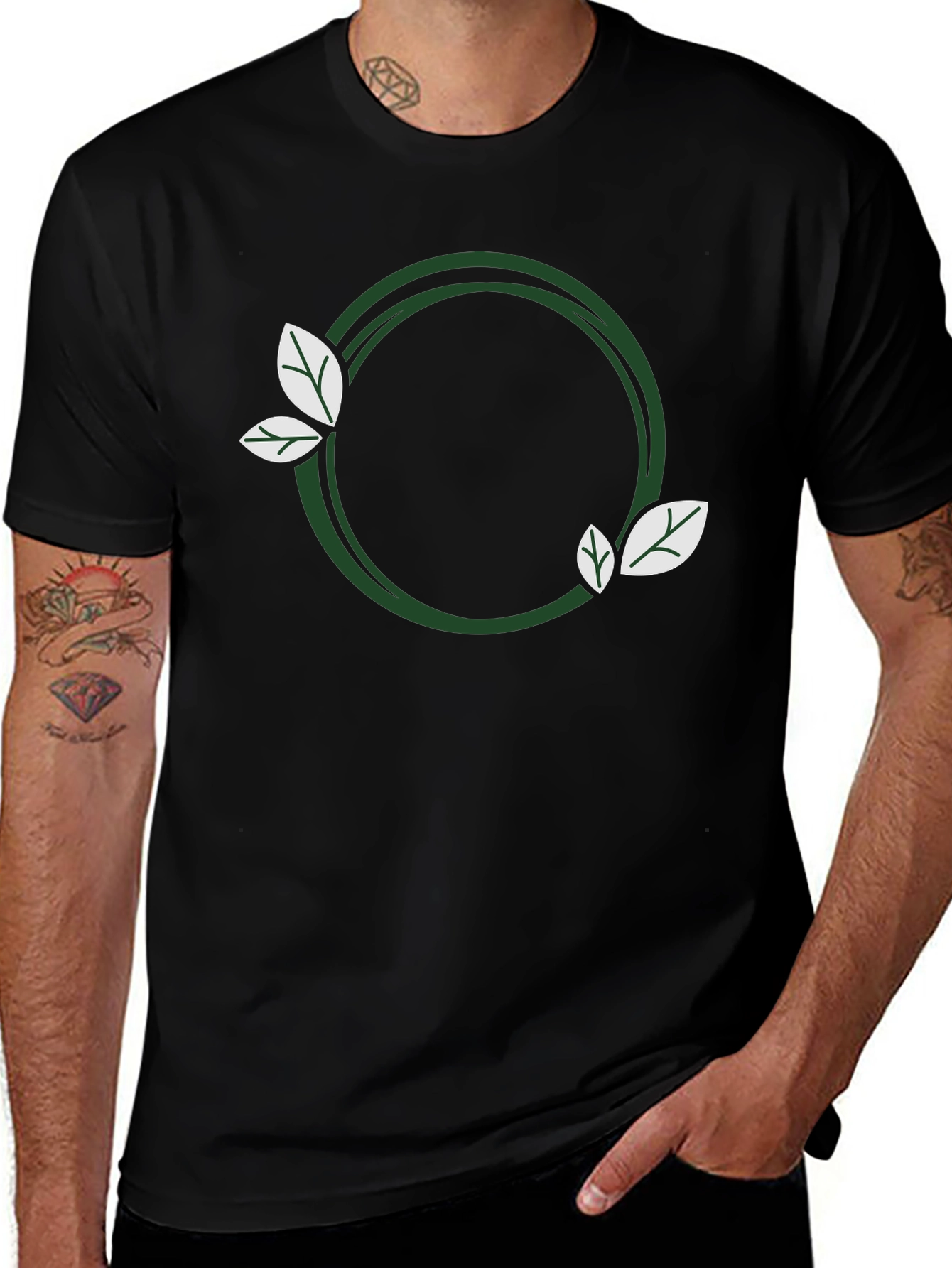 Eco-Friendly Leaf Circle Graphic Black T-Shirt