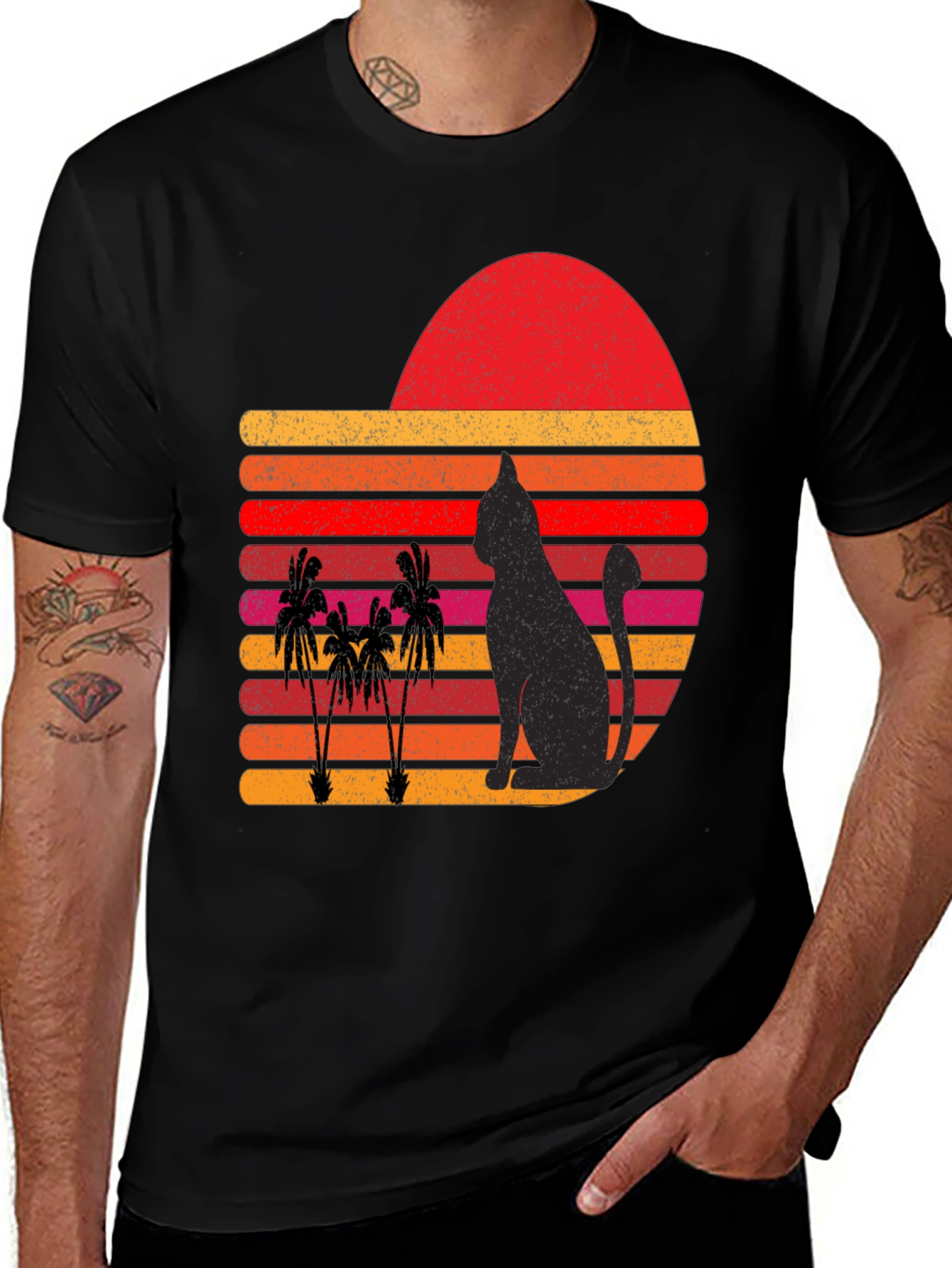 Variant 11 of Retro Cat & Palm Tree Sunset Graphic Tee
