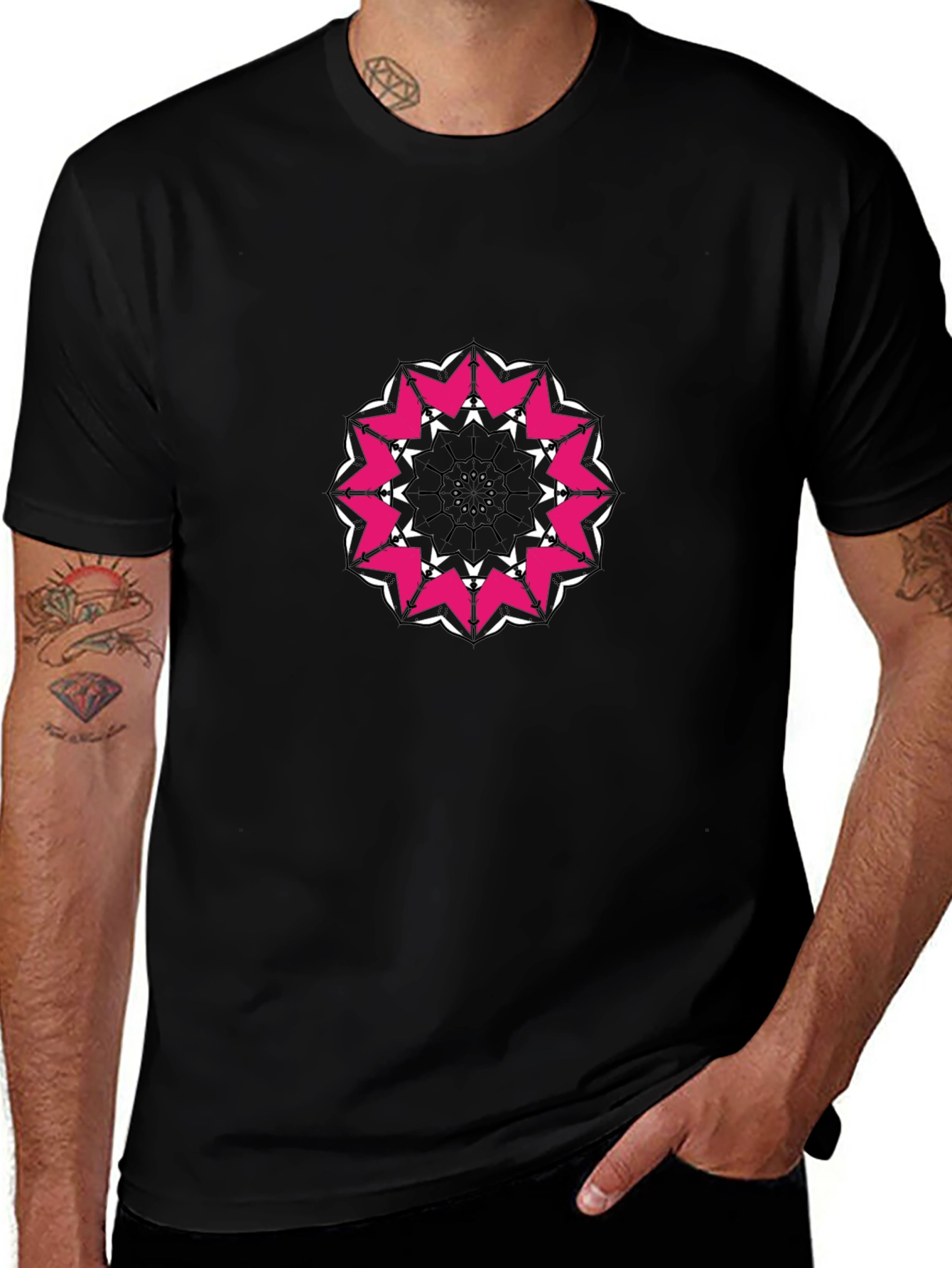 Variant 14 of Black T-Shirt with Pink and White Mandala Design