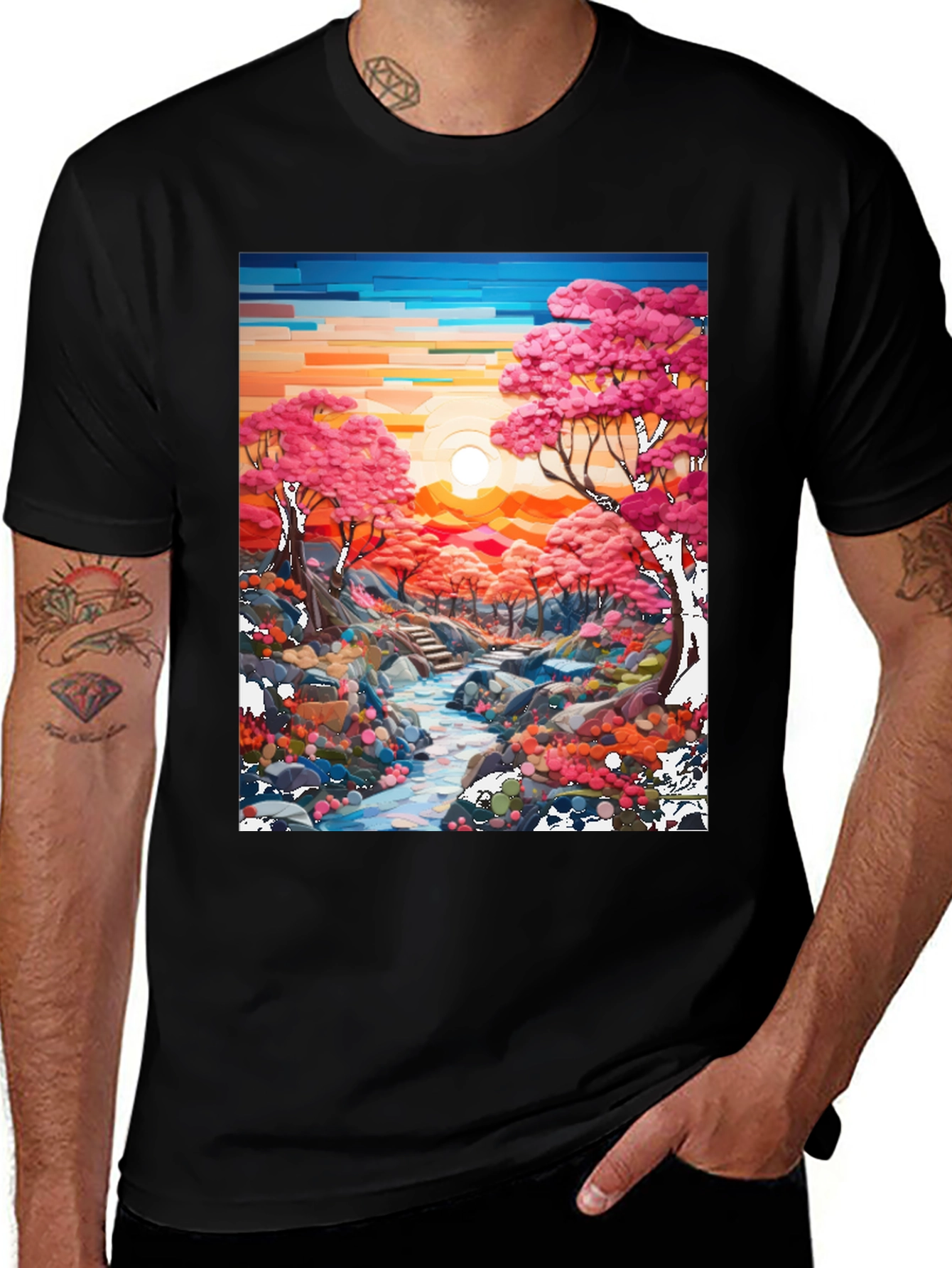 Cherry Blossom Stream Black T-Shirt