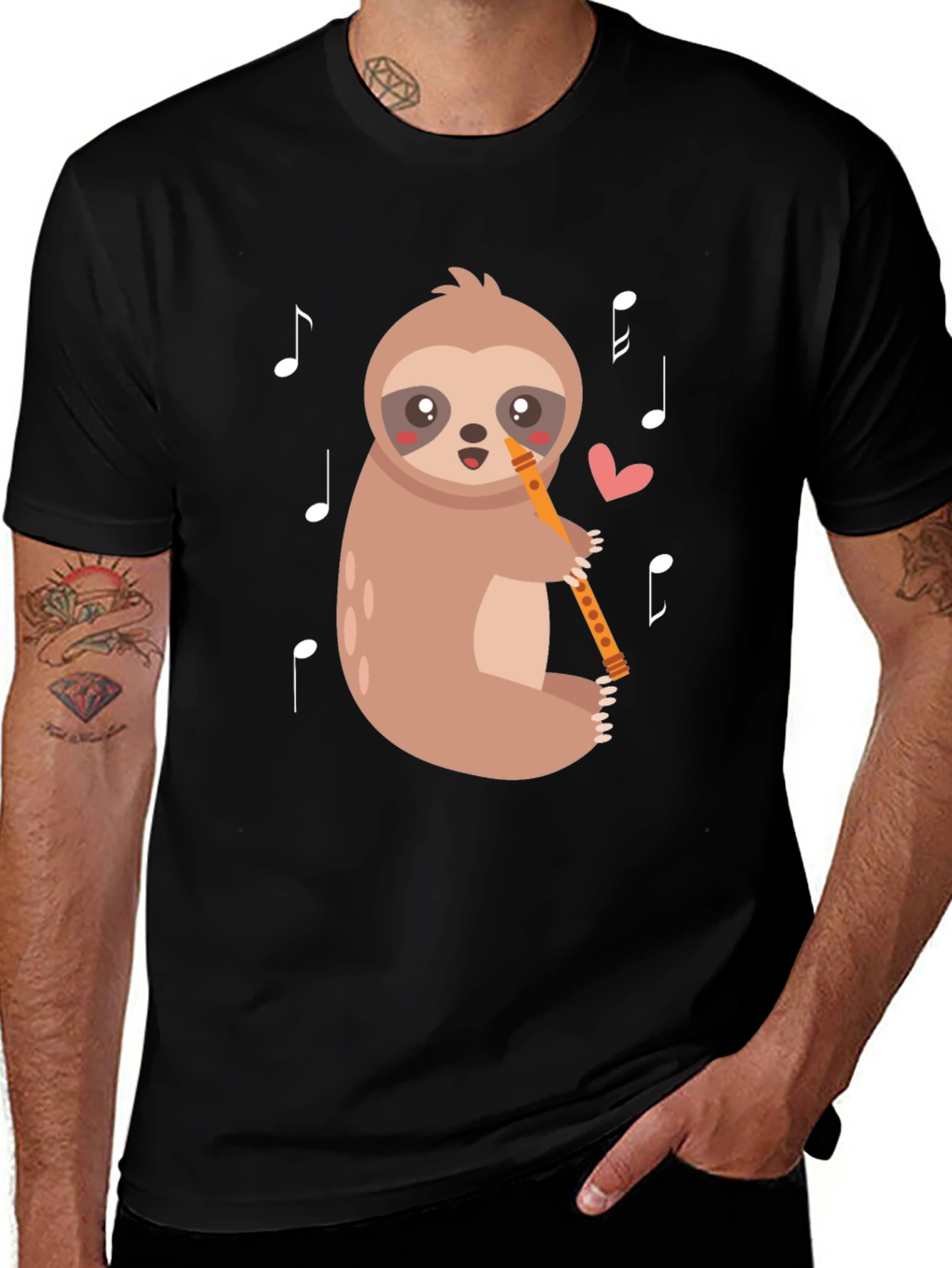 Variant 21 of Sloth Flute Player Graphic Tee - Black Cotton T-Shirt