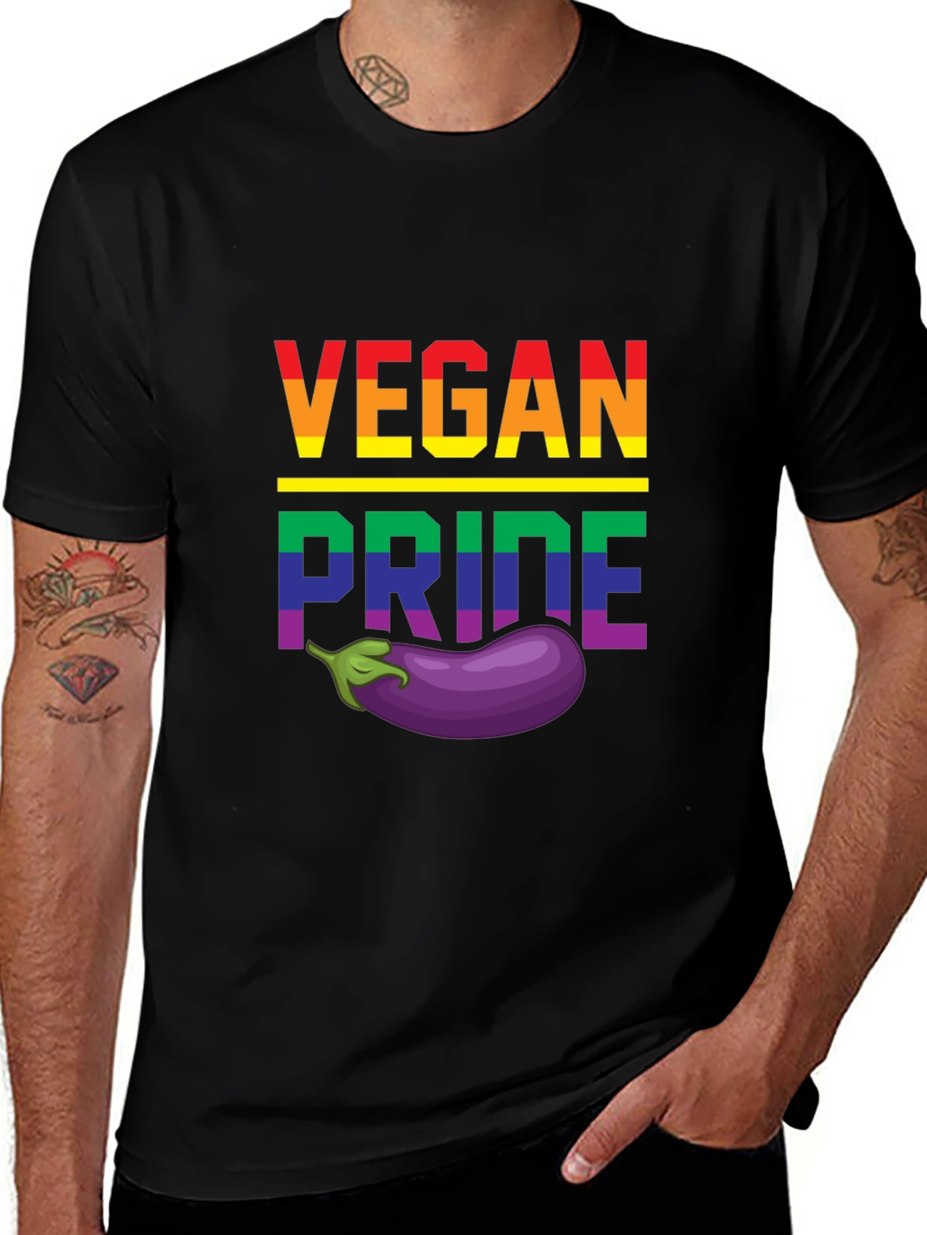 Variant 19 of Vegan Pride T-Shirt: Rainbow Colors, Eggplant Design