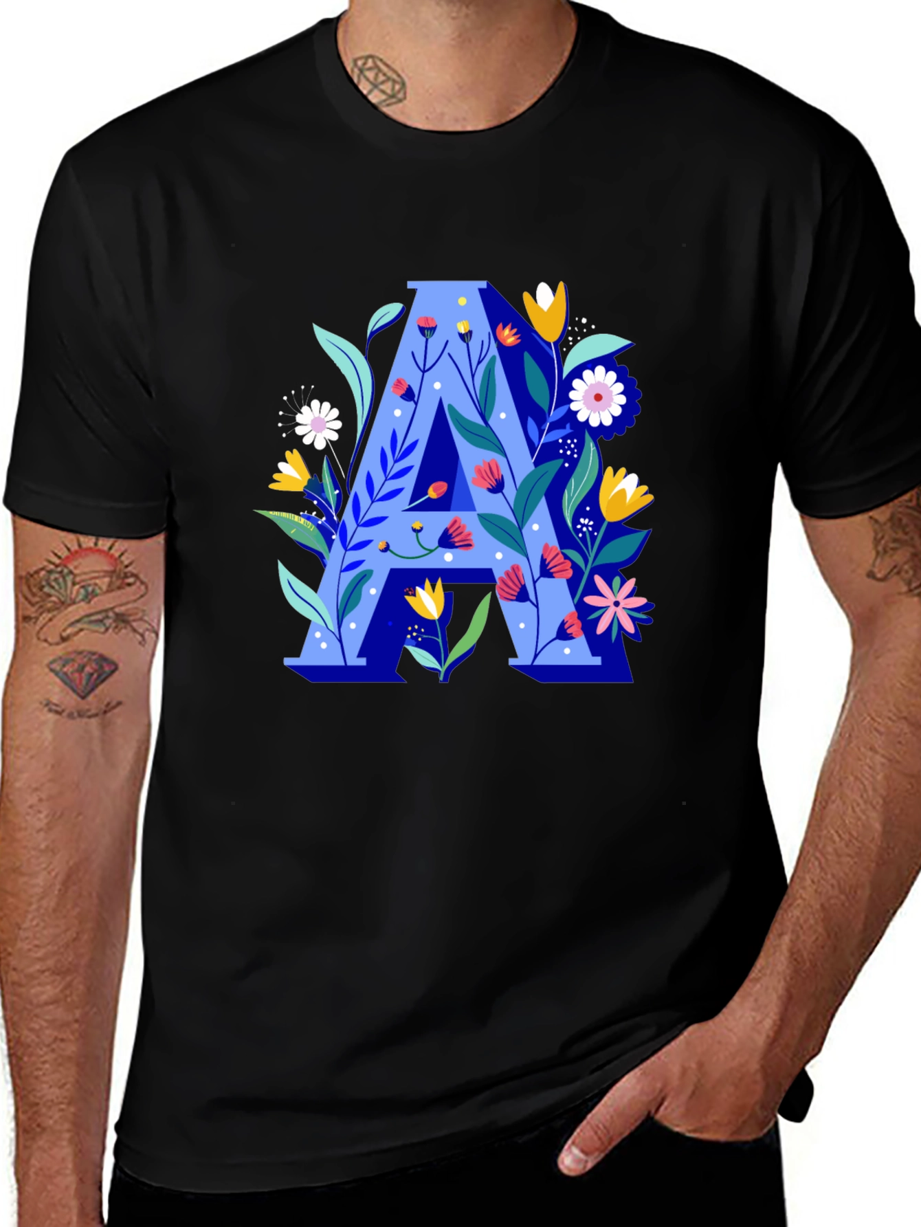 Variant 3 of Floral Initial A Graphic Tee - Black