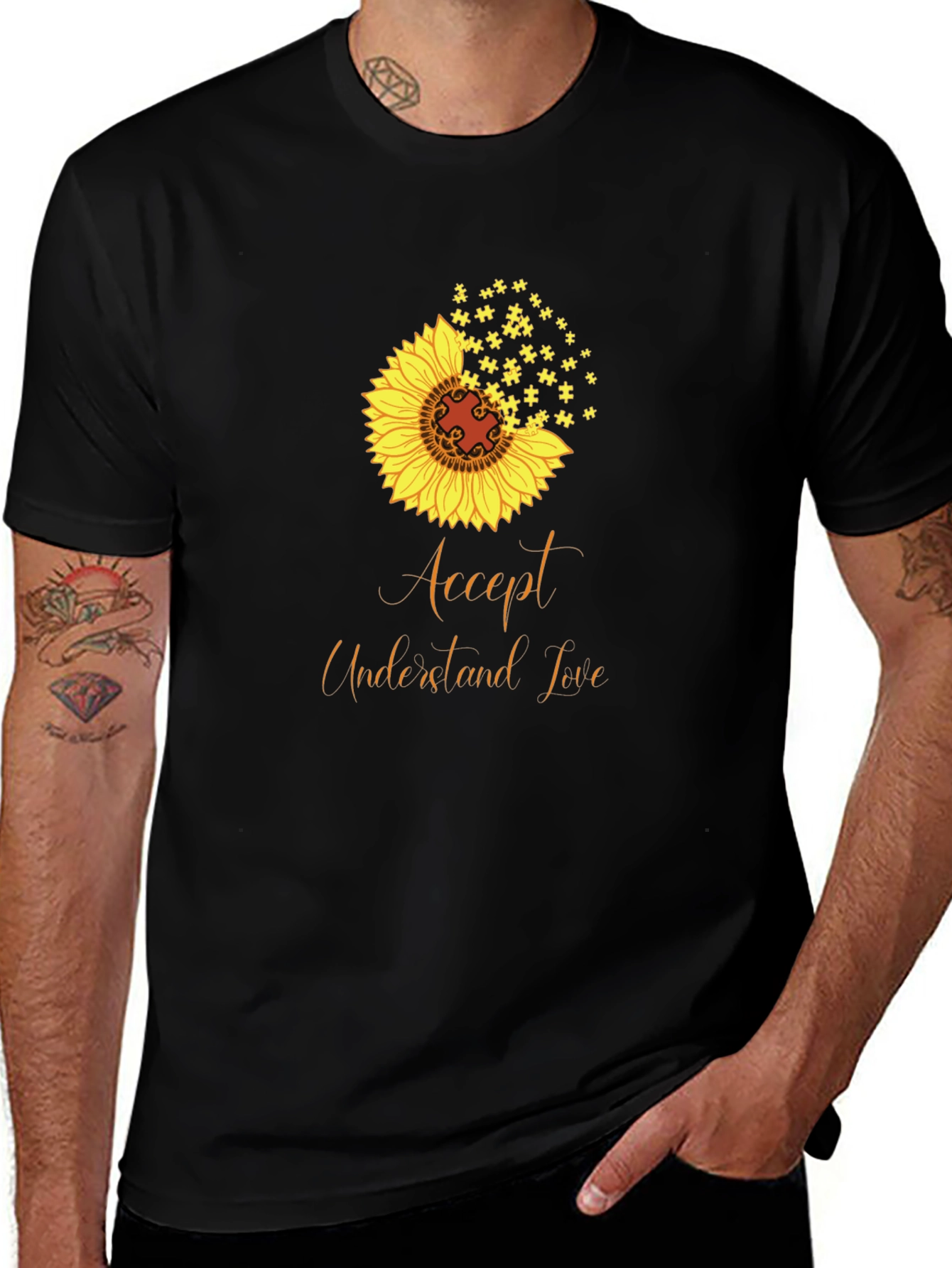 Variant 13 of Accept Understand Love Sunflower Puzzle Piece Graphic Tee