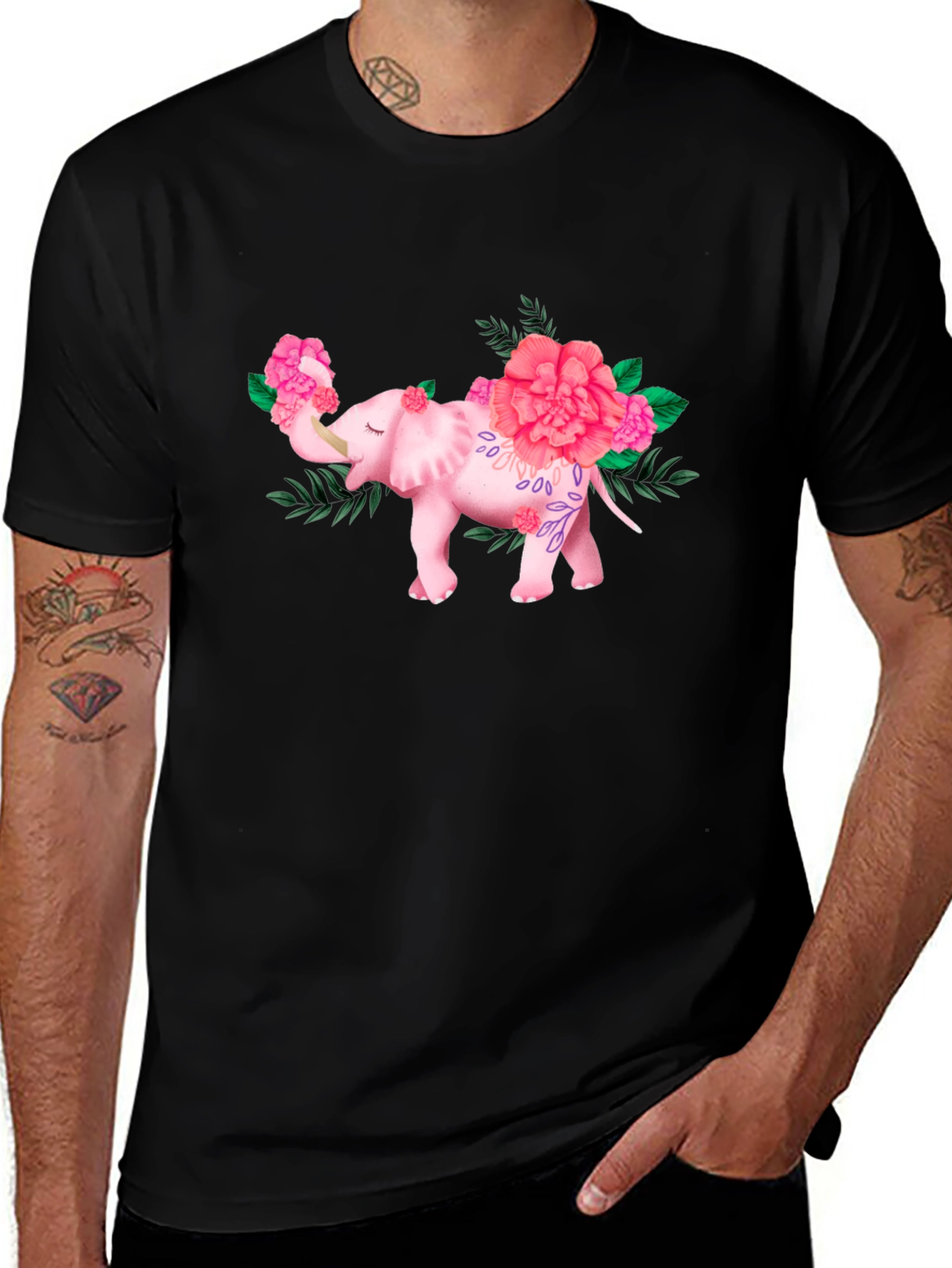 Variant 9 of Floral Elephant Black T-Shirt