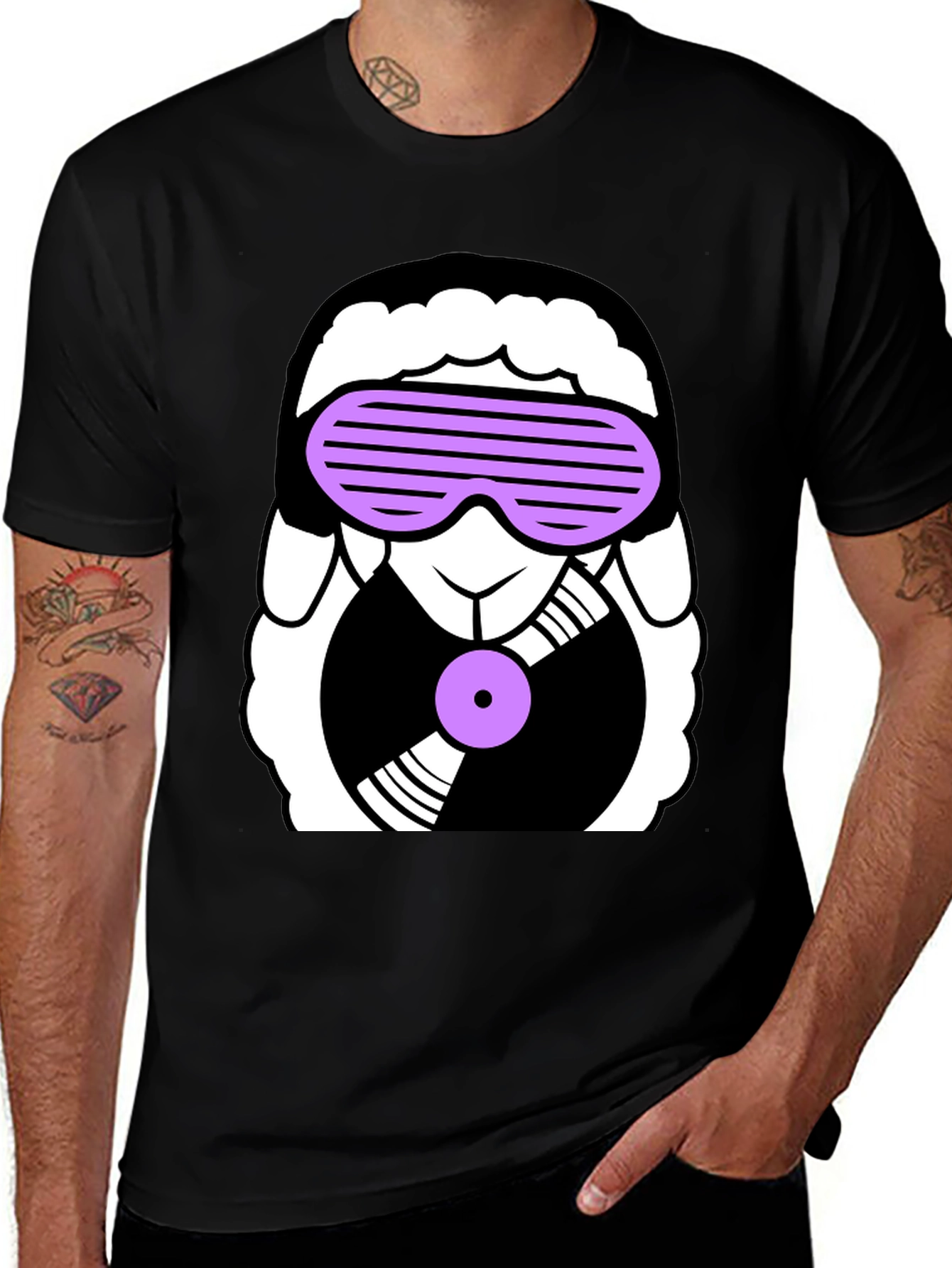 Variant 26 of DJ Sheep Graphic Tee - Black Cotton T-Shirt