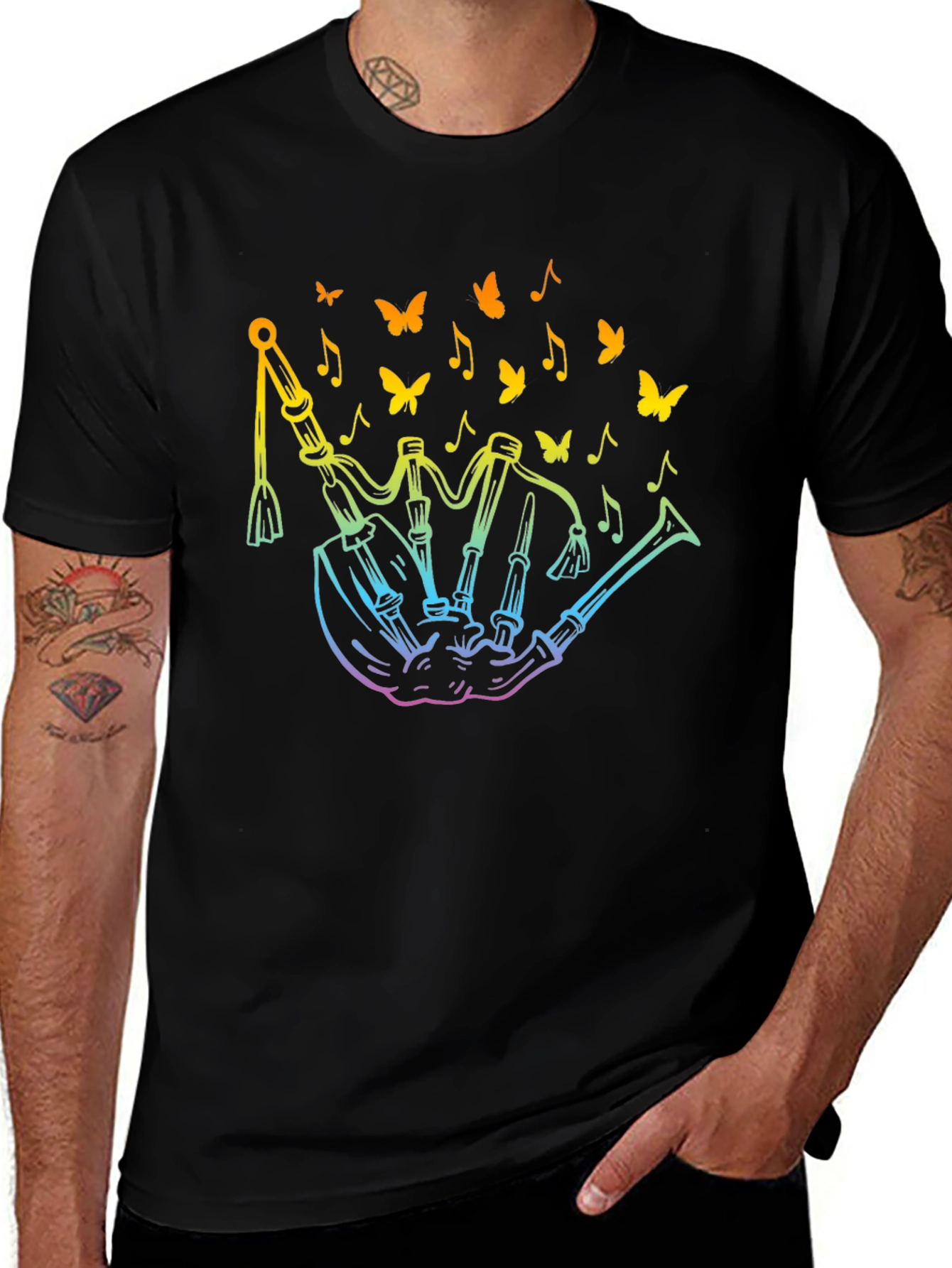 Variant 6 of Rainbow Bagpipes T-Shirt - Music & Butterfly Design