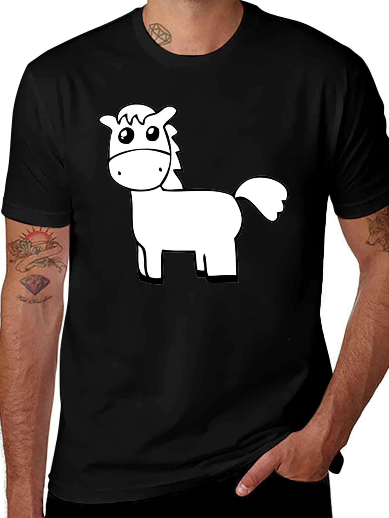 Variant 11 of Black T-Shirt with White Cartoon Horse Graphic