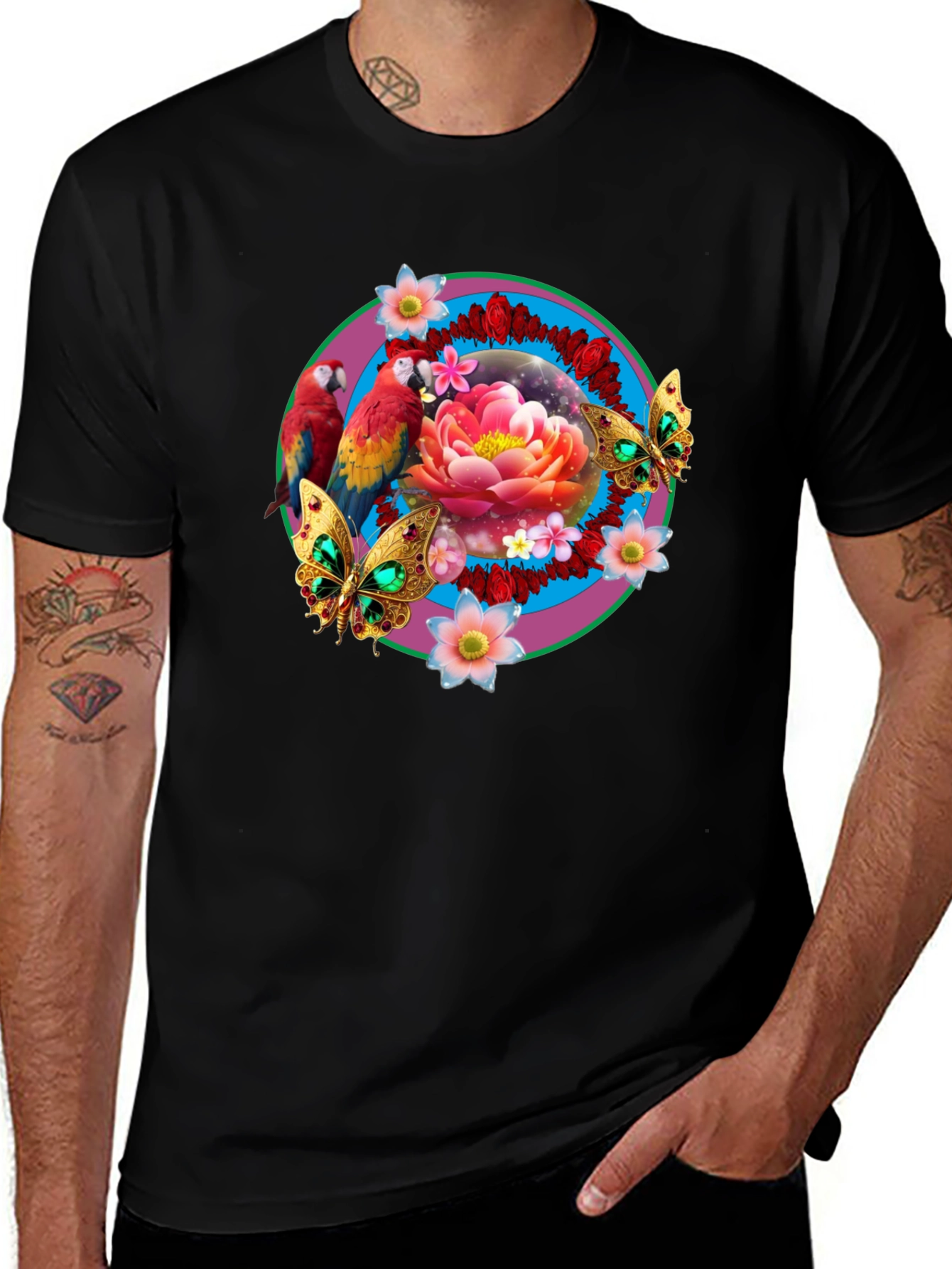 Variant 12 of Floral & Fauna T-Shirt: Parrot, Lotus, Butterfly Design
