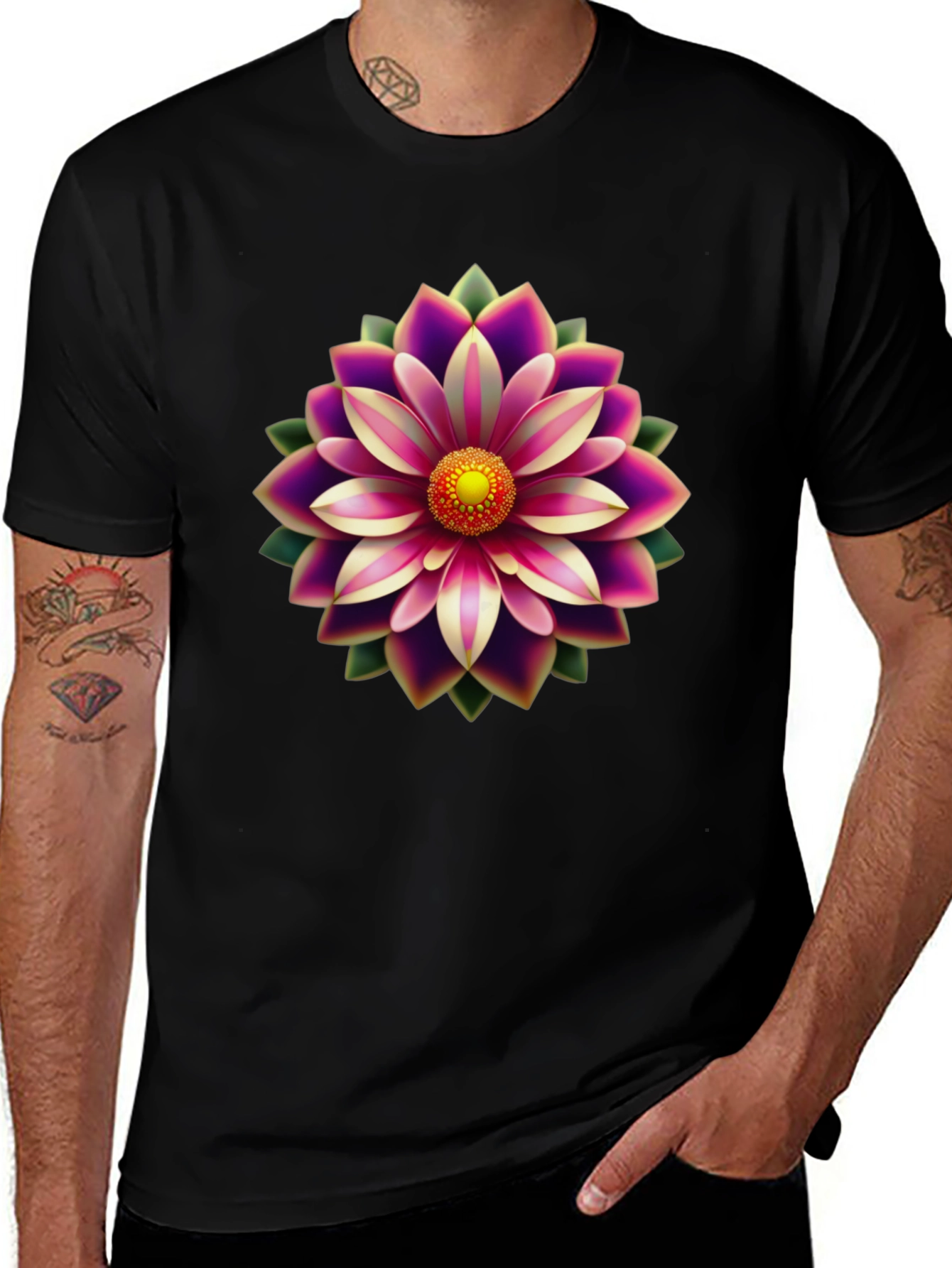 Variant 18 of Floral Graphic Tee - Black Cotton Blend T-Shirt