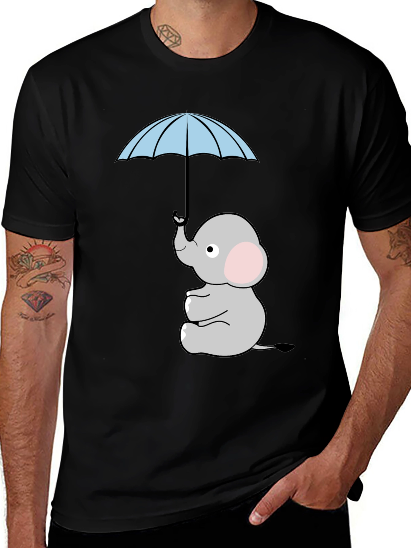 Elephant with Umbrella Graphic Tee - Black