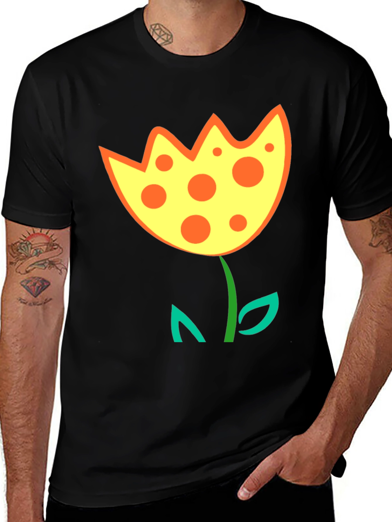 Variant 14 of Funky Flower Graphic T-Shirt - Black Cotton Tee