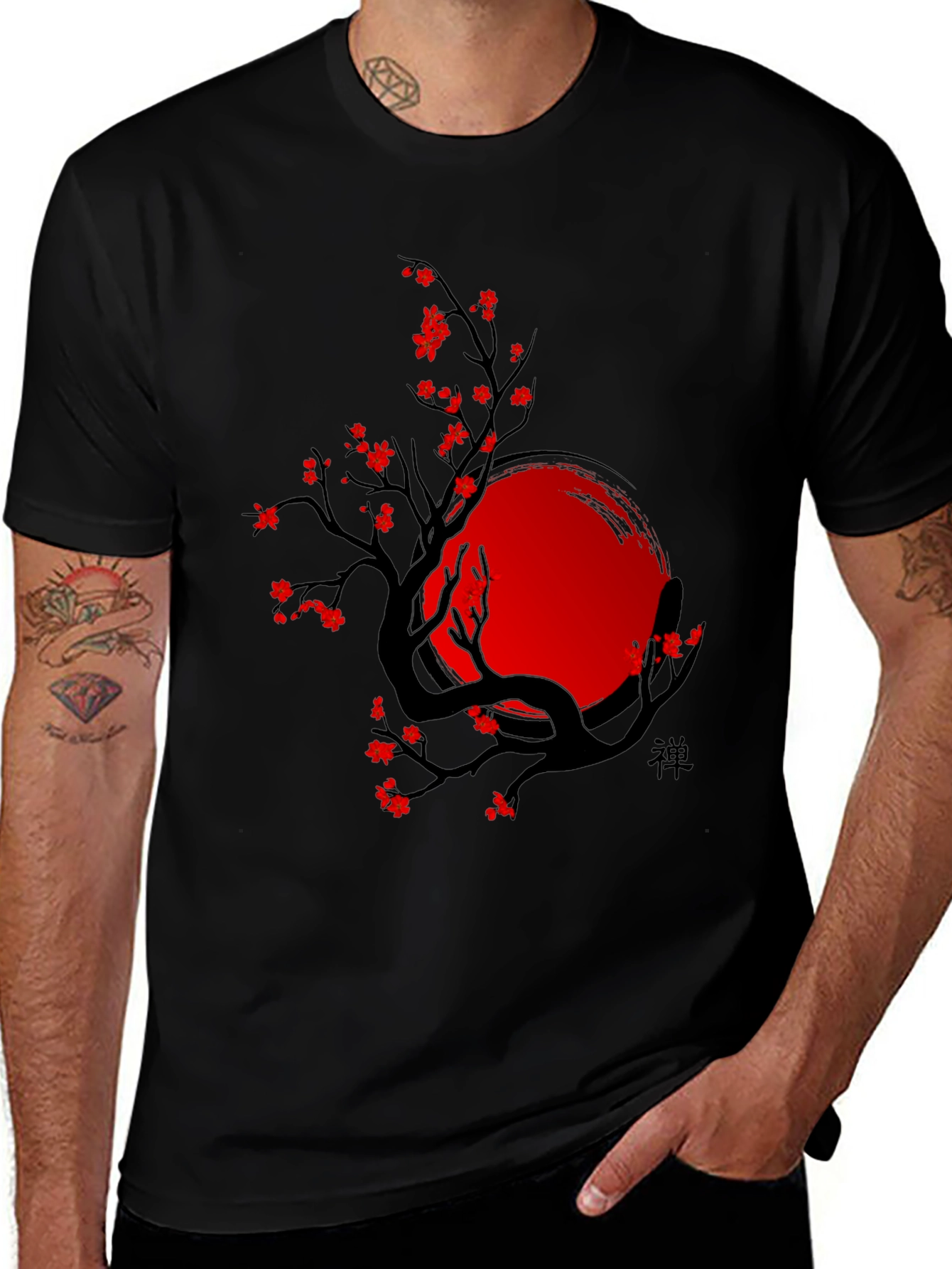Zen Tree T-Shirt - Black with Red Accents