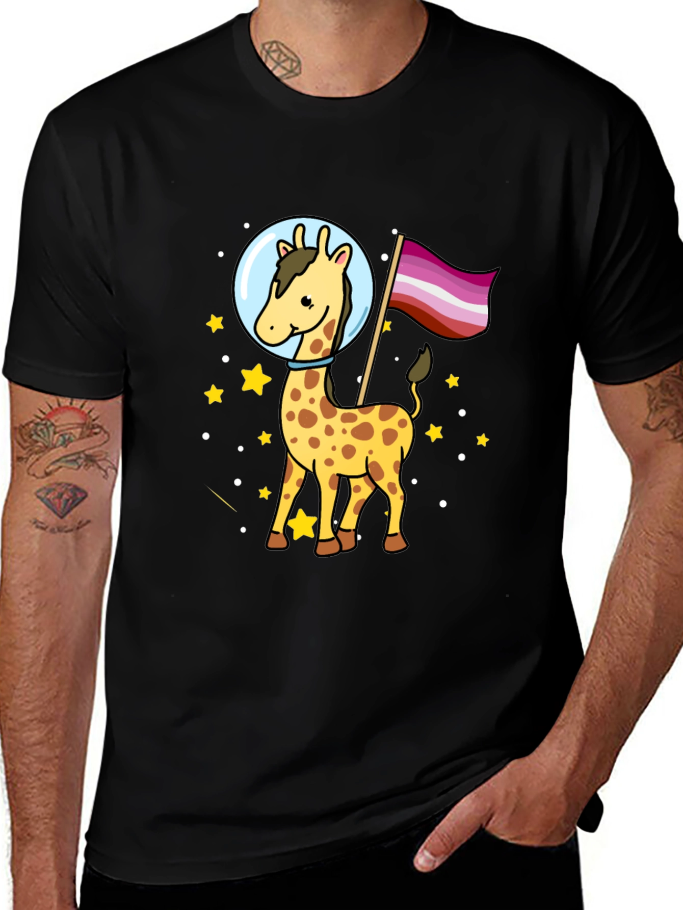 Variant 10 of Giraffe in Space Lesbian Pride T-Shirt
